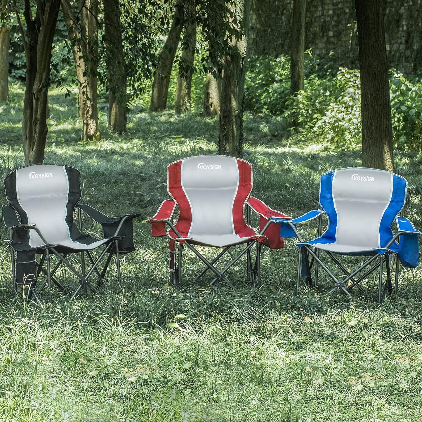 Padded Camping Chairs for Adults, Oversized Folding Outdoor Chairs, Weight Capacity 475lbs, with Cooler Bag, Cup Holder, Storage Pocket Carry Bag (Black - 2 Pack)