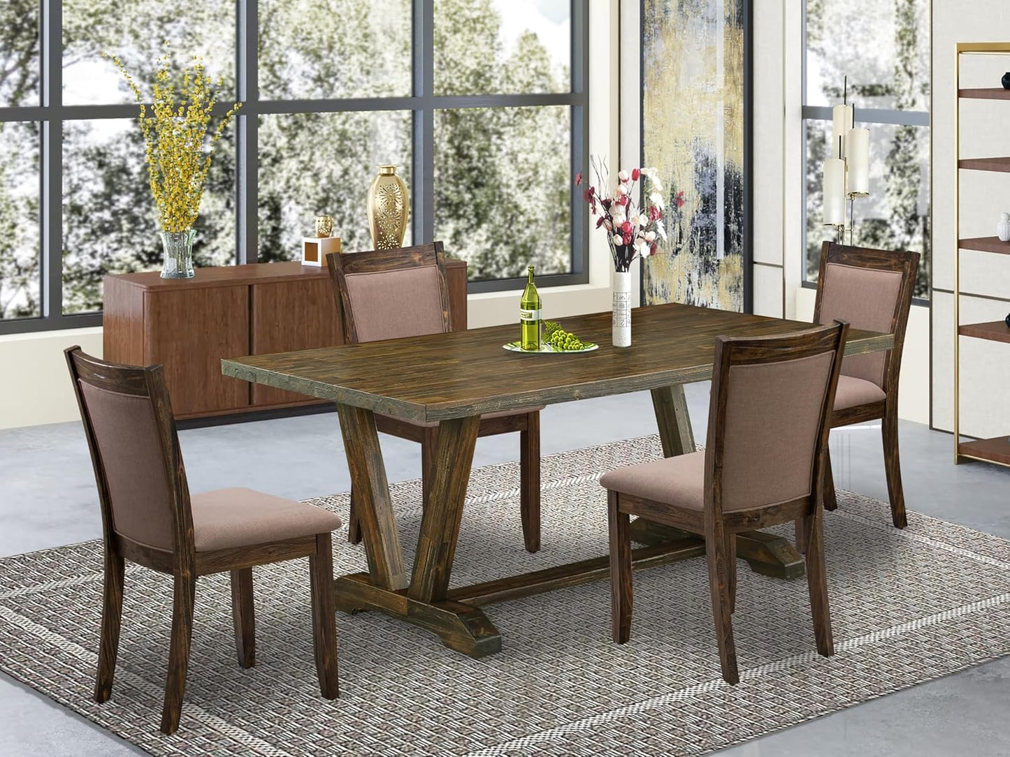 East West Furniture V777MZ748-5 5 Piece Dining Room Furniture Set Includes a Rectangle Dining Table with V-Legs and 4 Coffee Linen Fabric Upholstered Chairs, 40x72 Inch, Multi-Color