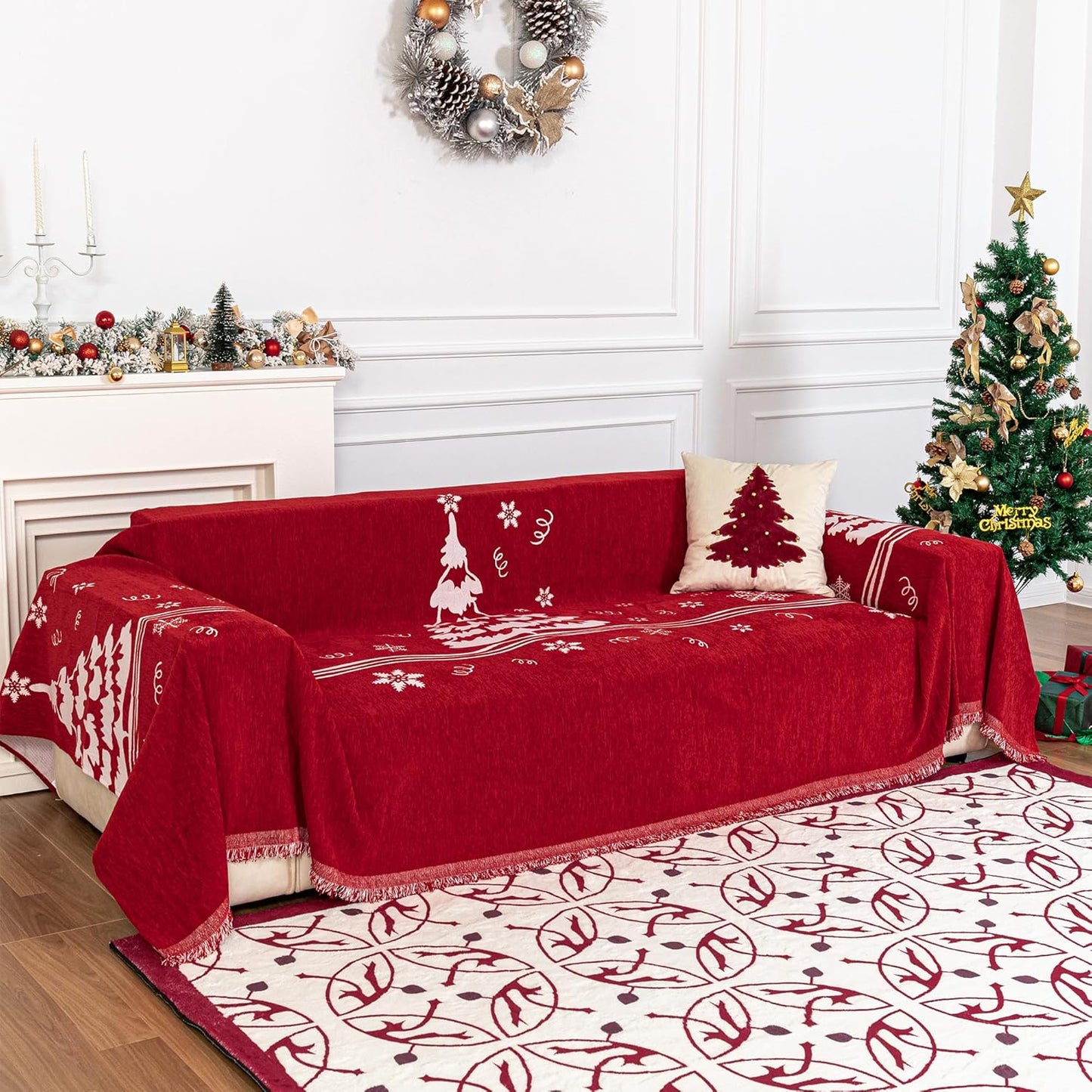 MYSKY HOME Couch Covers for Pets Thick Chenille Christmas Red Sofa Slipcover Non Slip Soft Couch Sofa Cover, Washable Furniture Protector Sofa Slipcover with Tassel for Kids, Dogs, 71"x118"