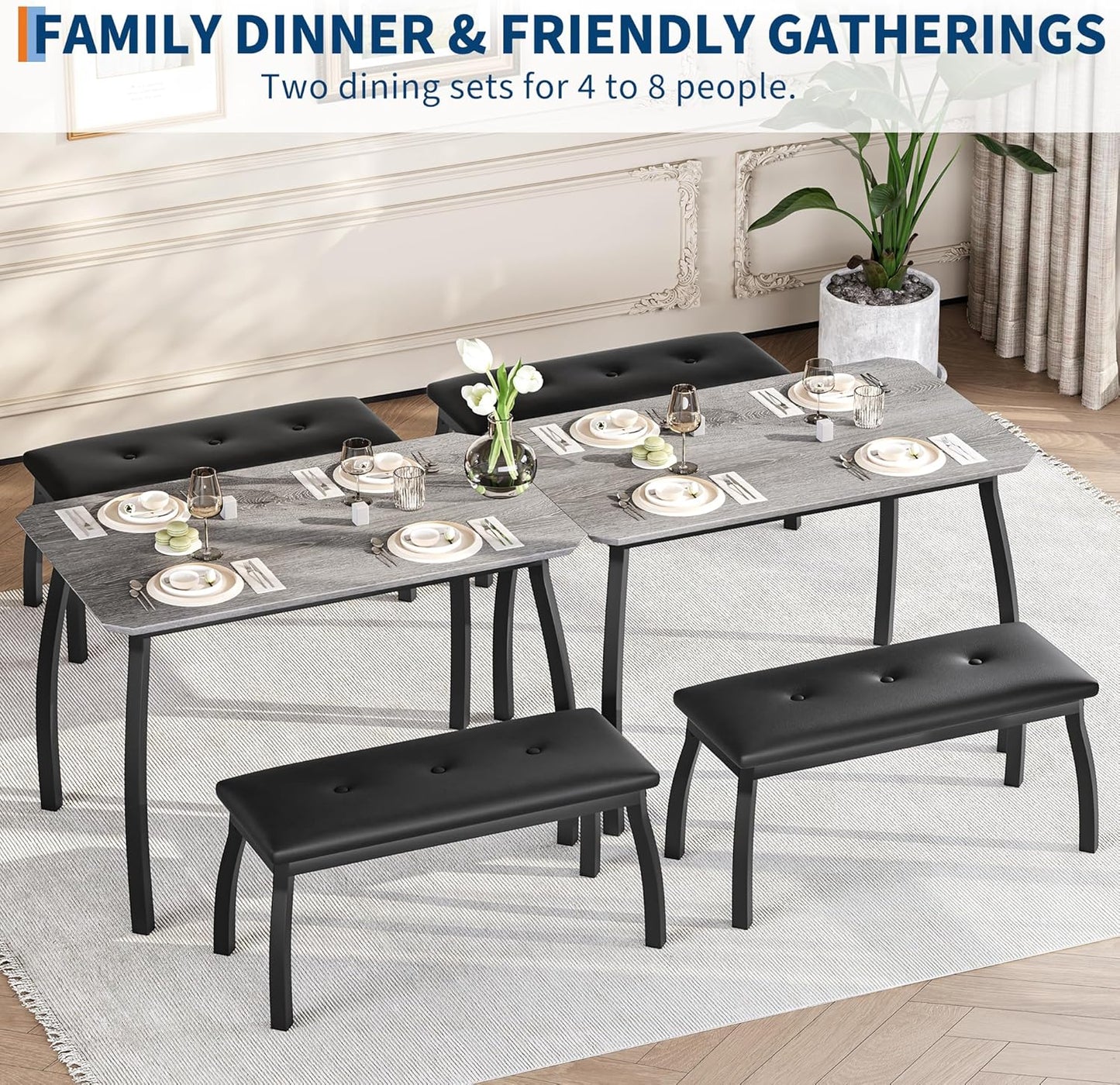 3 Piece Farmhouse Dining Table Set for 4, Compact Rustic Kitchen Table with 2 Padded Benches, Space Saving Breakfast Nook Furniture Set for Small Spaces, Apartments, Grey