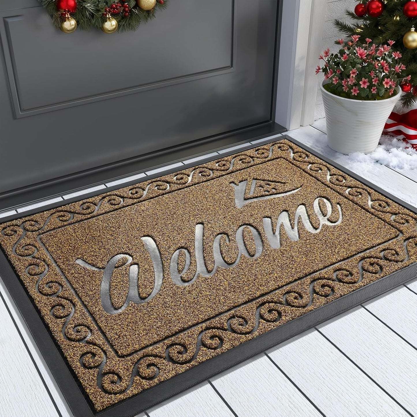 Yimobra Welcome Mat, Heavy Duty Sturdy Door Mats for Home Entrance Outdoor Indoor, Front Doormat for Outside Patio Floor Entry Porch Garage Office, Waterproof, Low Profile, 36x24, Brown