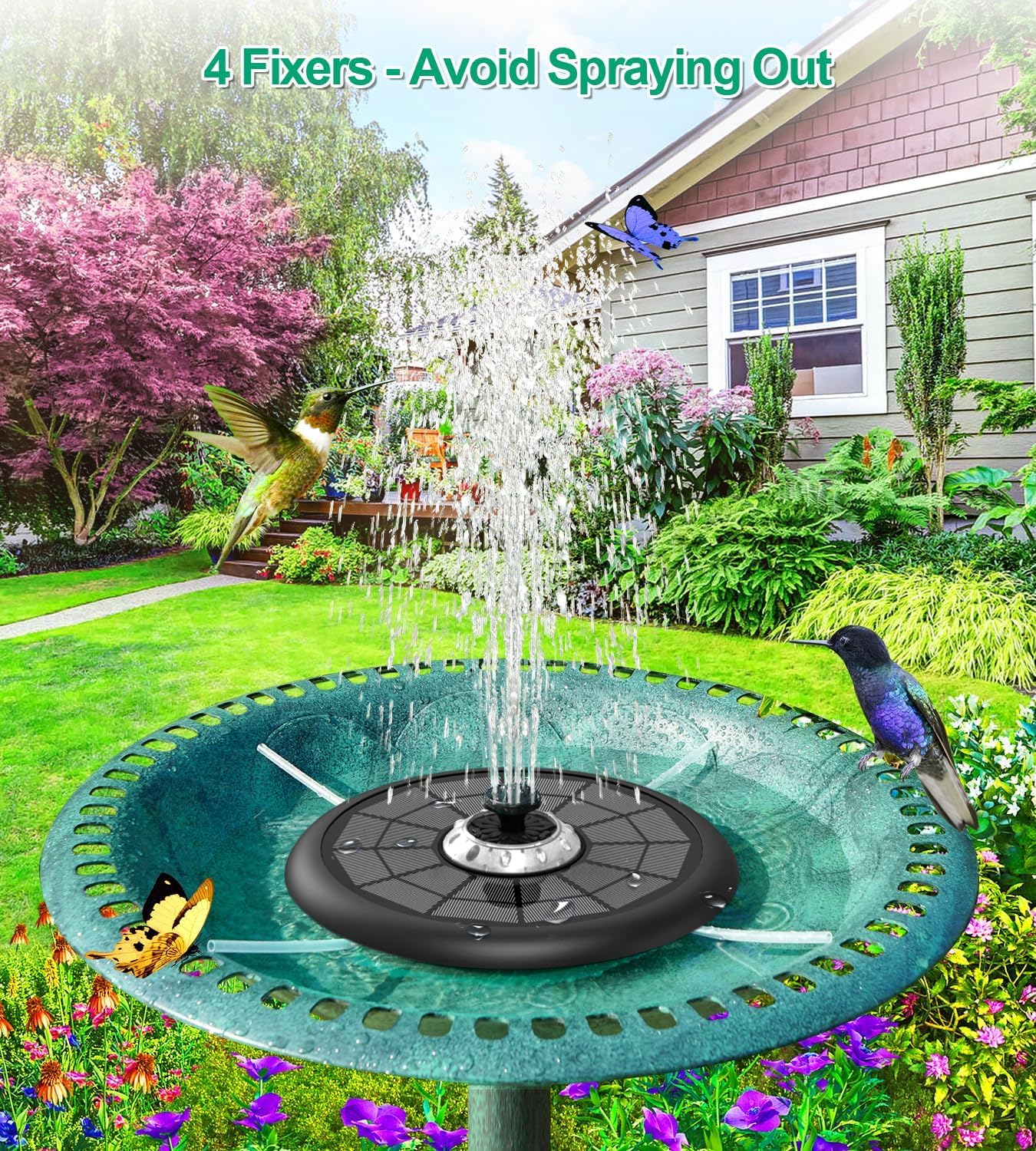 SZMP Powerful 5W Solar Powered Water Fountain for Bird Bath, Upgraded Glass Panel with Colorful Light Show, 7 Nozzles, Anti-Drift Fixer, 2000mAh Battery