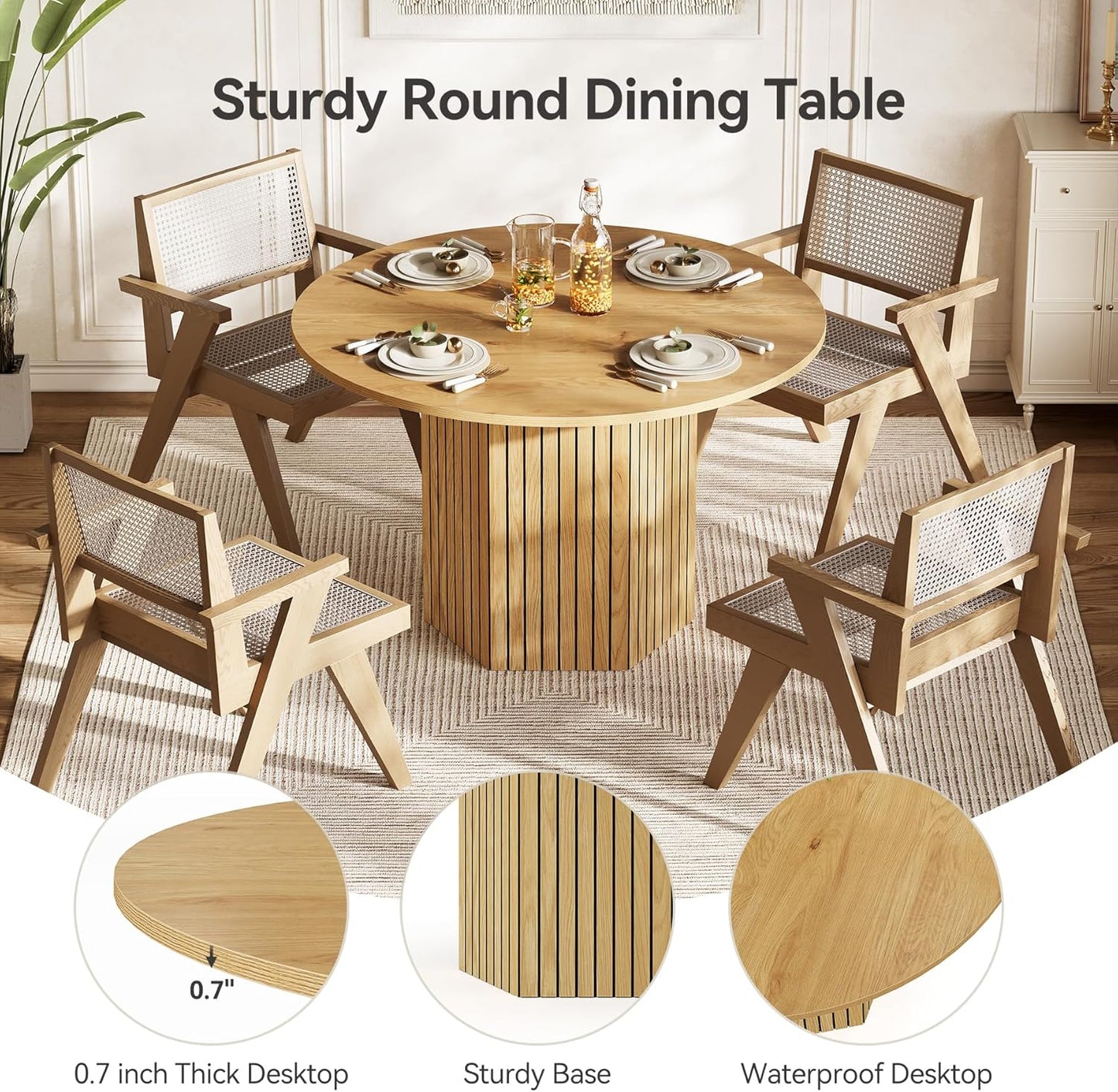 LITTLE TREE Round Wood Dining Table, 47-Inch Small Dining Table for 4, Modern Circle Kitchen Table with Wood Strip Base for Kitchen Living Room, Walnut