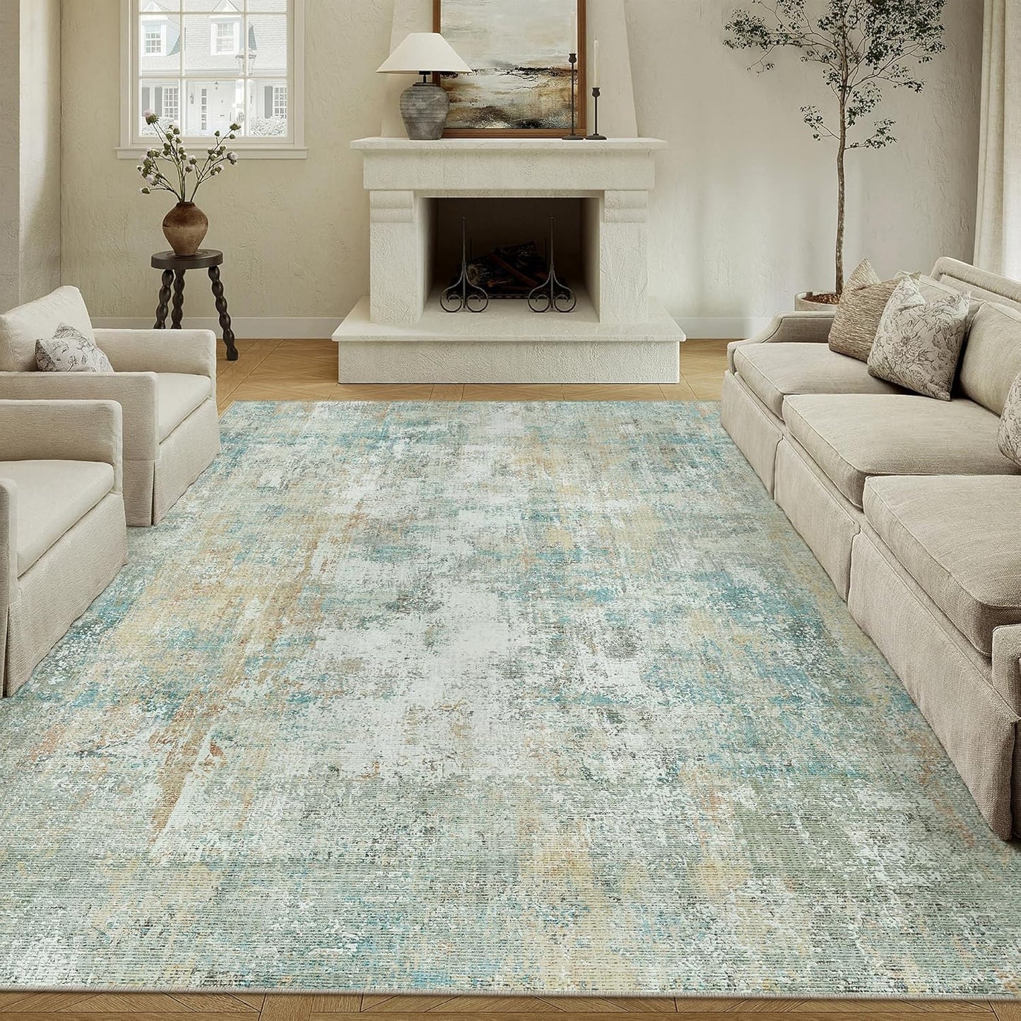 9x12 Area Rug Teal Beige Modern Neutral Abstract Living Room Bedroom Indoor Floor Carpet Low Pile Soft Non-Slip Lightweight Vacuumable Washable Large Throw Rug for Nursery Dining Room