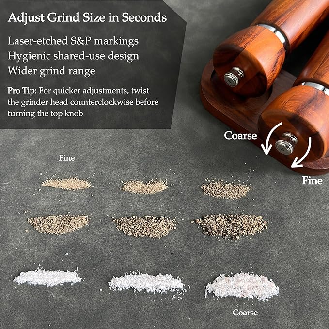 Wooden Salt and Pepper Grinder Set – Refillable Salt and Pepper Mill with Adjustable Upgraded Large Size Ceramic Burr – Manual Pepper Grinder with Acacia Wood Body – 8.3” Tall