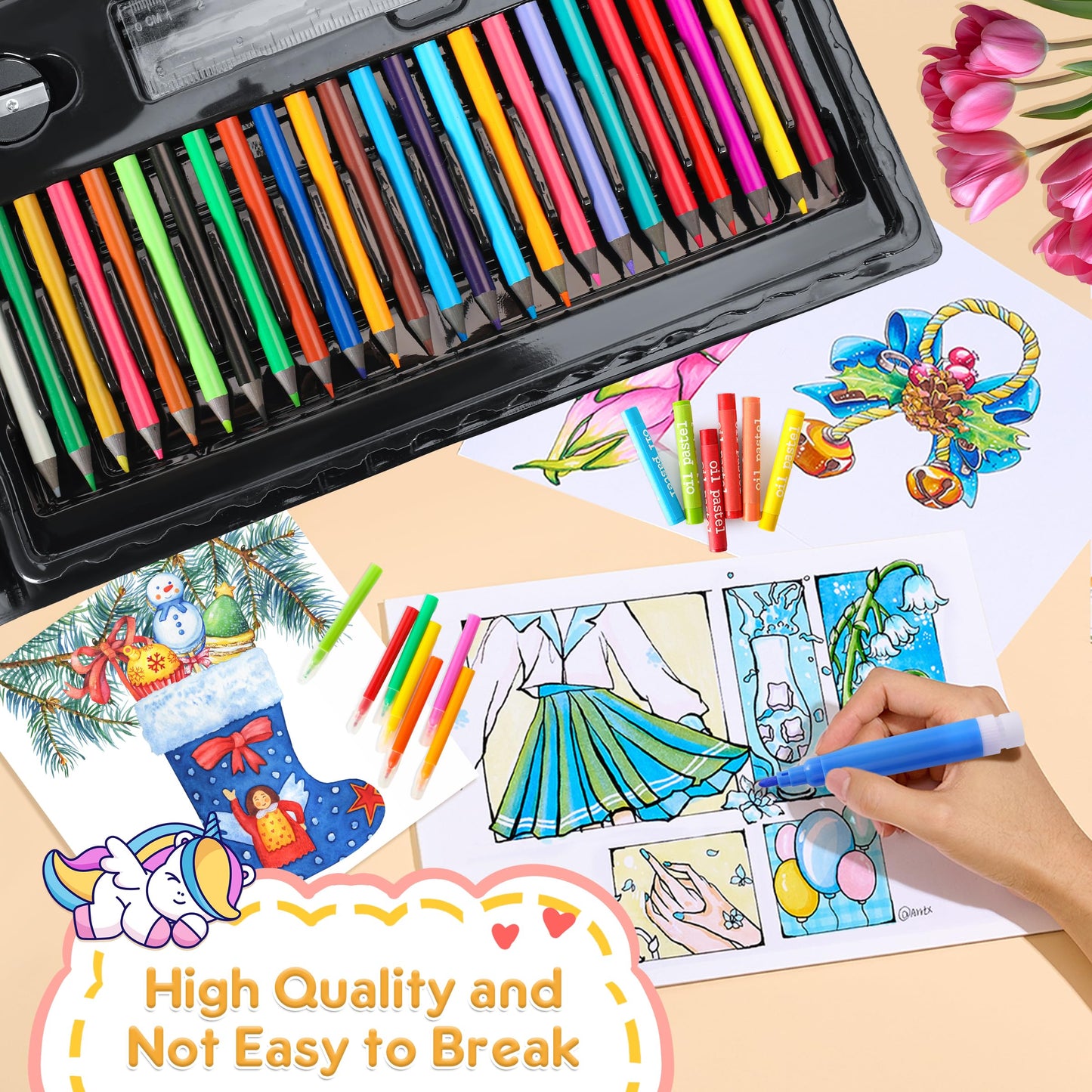 Art Supplies 332 Piece Drawing Art Kit Gifts for Girls Boys Kids Teens Gifts Art Set Case with Double Sided Trifold Easel, Stickers, Sketch Paper, Coloring Book, Pastels, Crayons, Pencils (Black)