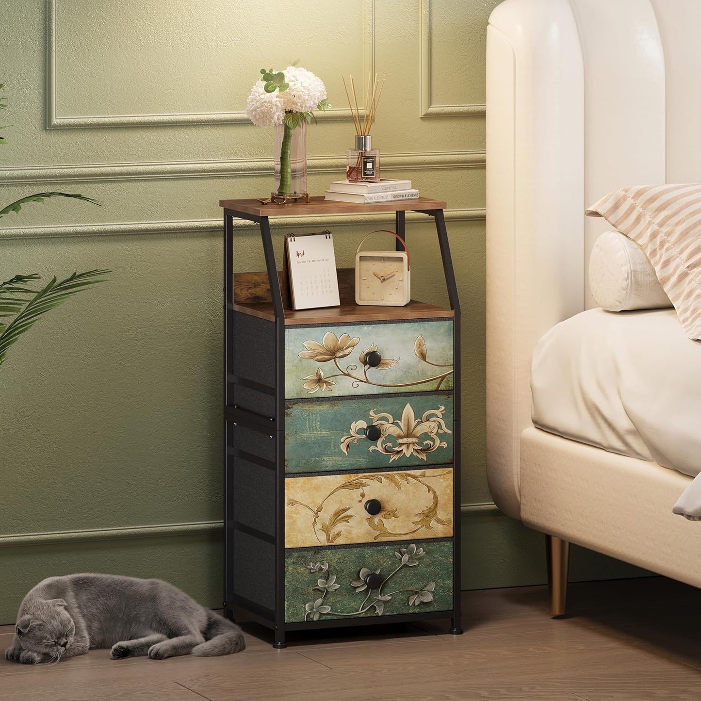 Tohomeor Dresser with Fabric Drawers Nightstand with 2 Tier Shelf Storage Tower for Bedroom Hallway Entryway Closet Organizer Sofa Beside Table Furniture (Multi, 4 Drawers)