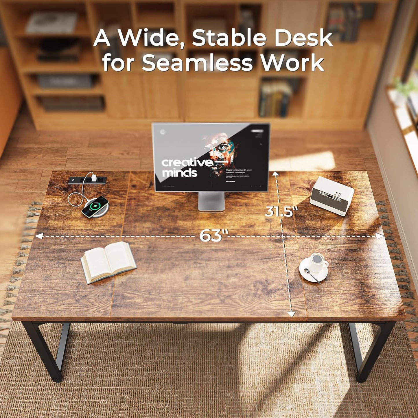 Huuger 63 x 31.5 inch Desk with Power Outlets & USB-C, 1.2 Inch Thicker Desktop, Robust Metal Tubes, Deep Computer Desk, Heavy Duty Office Desk, for Home Office, Rustic Brown