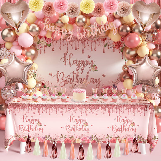 Rose Gold Birthday Party Decoration, 91 PCS Happy Birthday Pink Party Supplies for Girls Women (Banner Backdrop Tablecloth Fringe Curtains Balloons Garland Paper Tassels Garland Paper Pompoms)