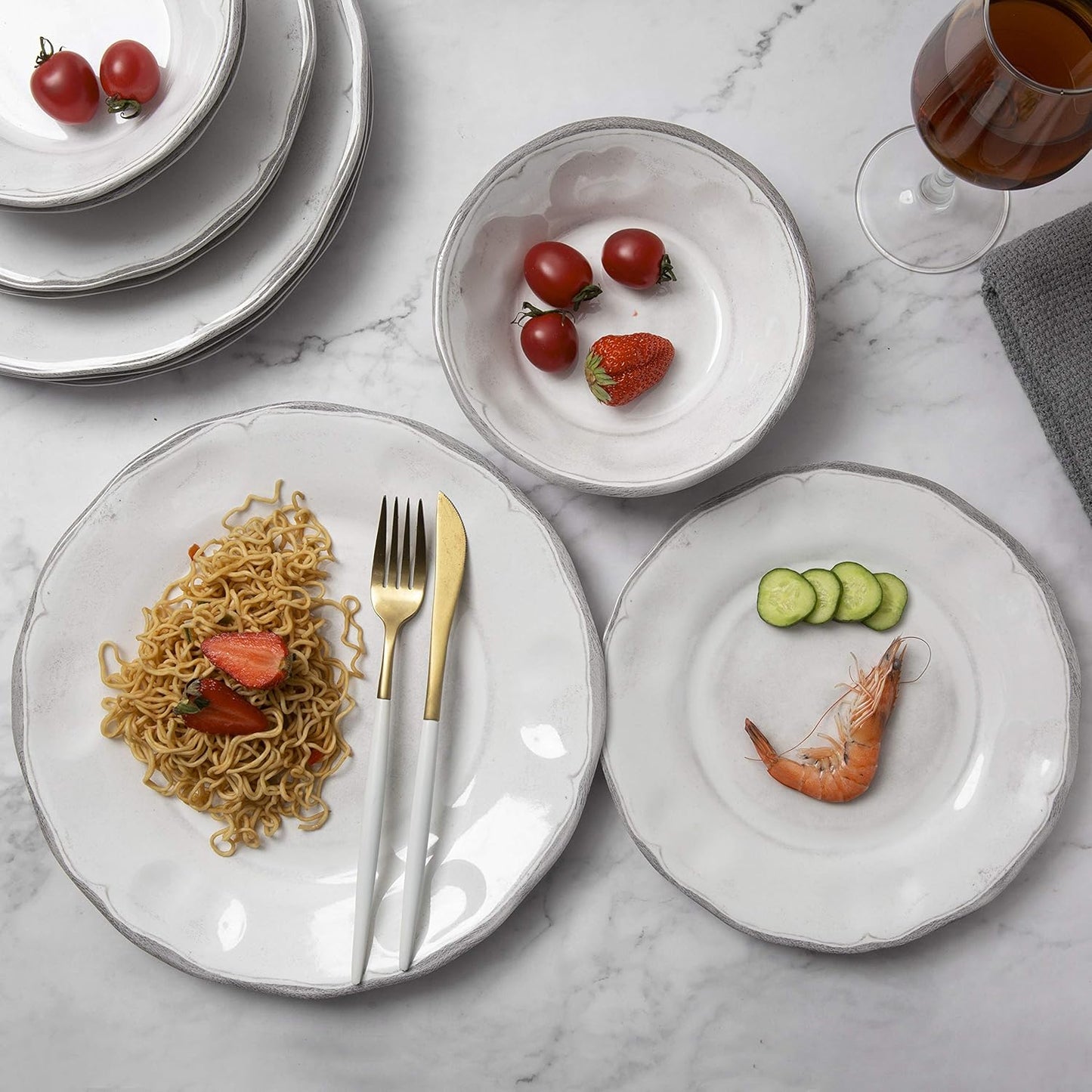 Melamine Dishes Dinnerware Sets - 12pcs Melamine Dinner Plates, Salad Plates and Bowls, for Everyday Use White