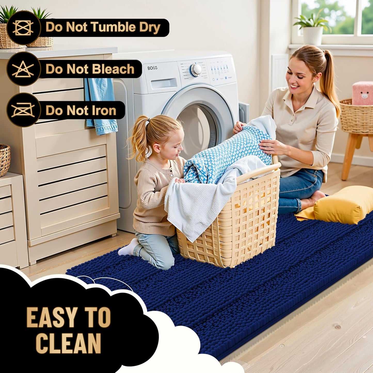 OLANLY Thick Bathroom Rugs 36x24, Extra Soft Absorbent Chenille Striped Bath Rugs, Rubber Backing, Machine Wash Dry, Bath Mats for Bathroom Floor, Tub and Shower, Home Decor Accessories, Navy