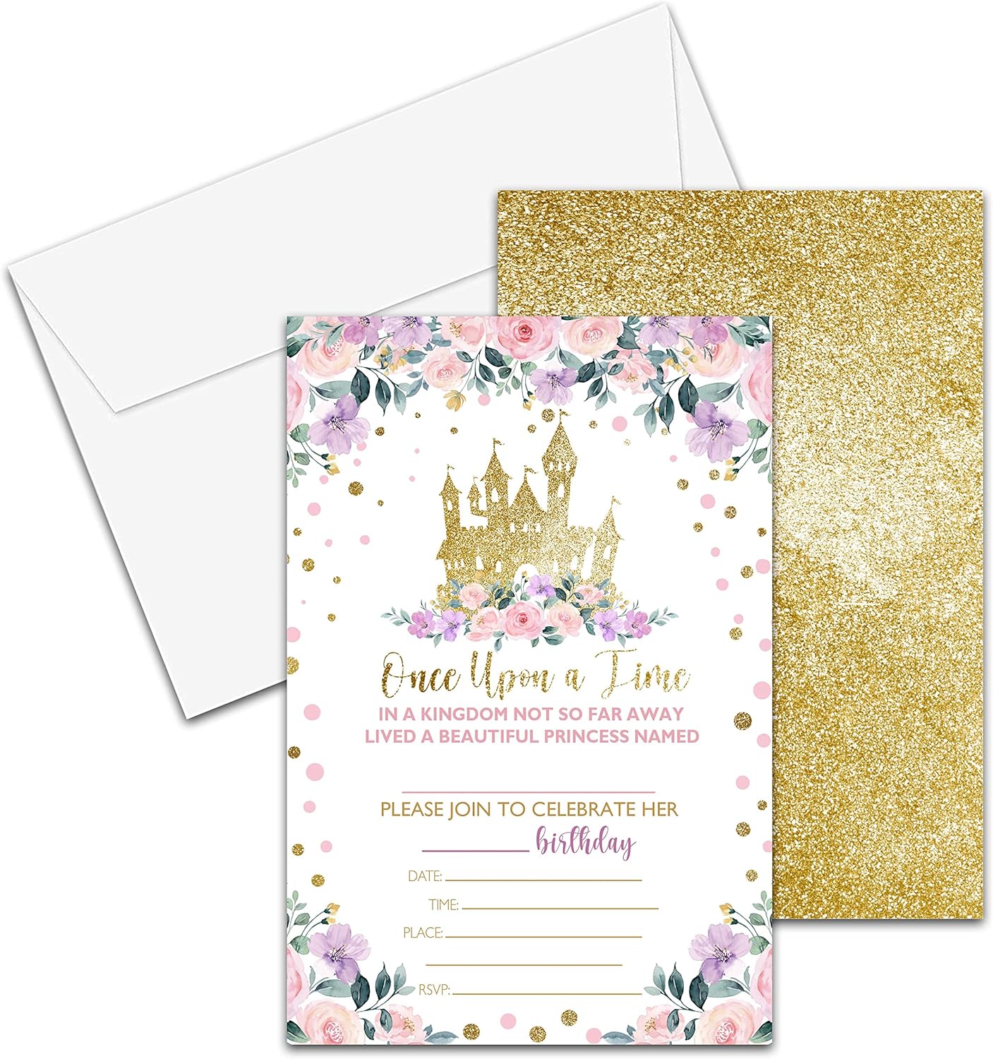 Princess Birthday Invitations for Girls, 20-Count Birthday Party Invitations With Envelopes, Magical Kingdom Castle Style Birthdays Party Decorations And Supplies-HBYQK-A01