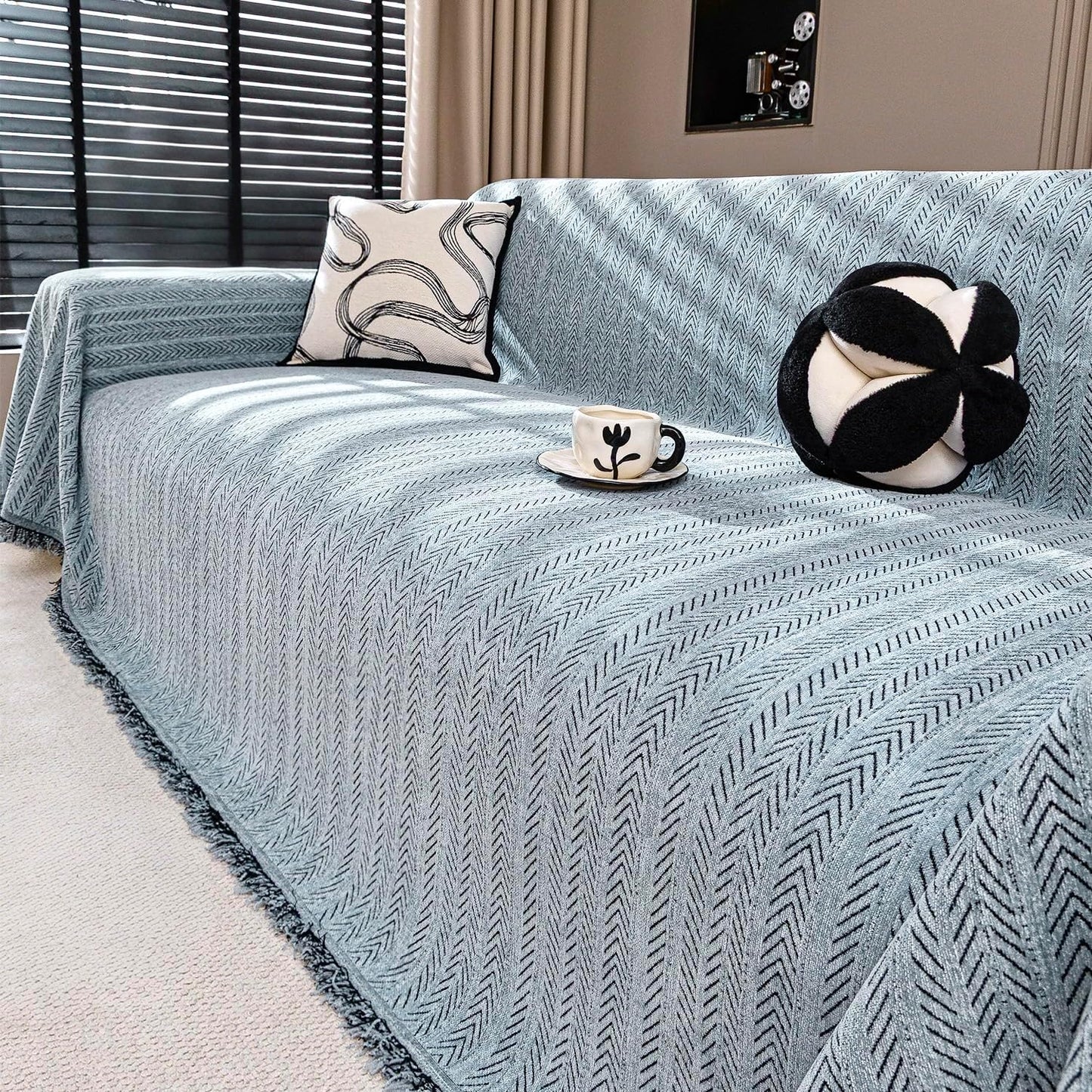Nobildonna Sofa Cover Washable Soft Thicken Chenille Couch Cover with Tassel,Waterproof Sofa Slipcover for 2-3 Cushion Couch,Sectional Sofa,L-Shaped Furniture Protector Pet-Friendly,Dusty Blue71 x118