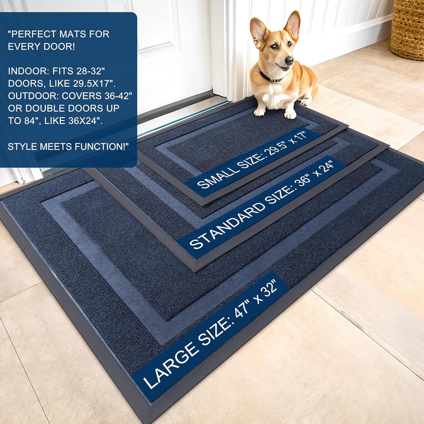 OLANLY Front Door Mat Indoor Outdoor Entrance, Waterproof All-Season, All-Weather Doormat, Sturdy Natural Rubber, Fade Resistant, Low Profile, Easy Clean Patio Porch Entryway Mat, 59x35, Blue