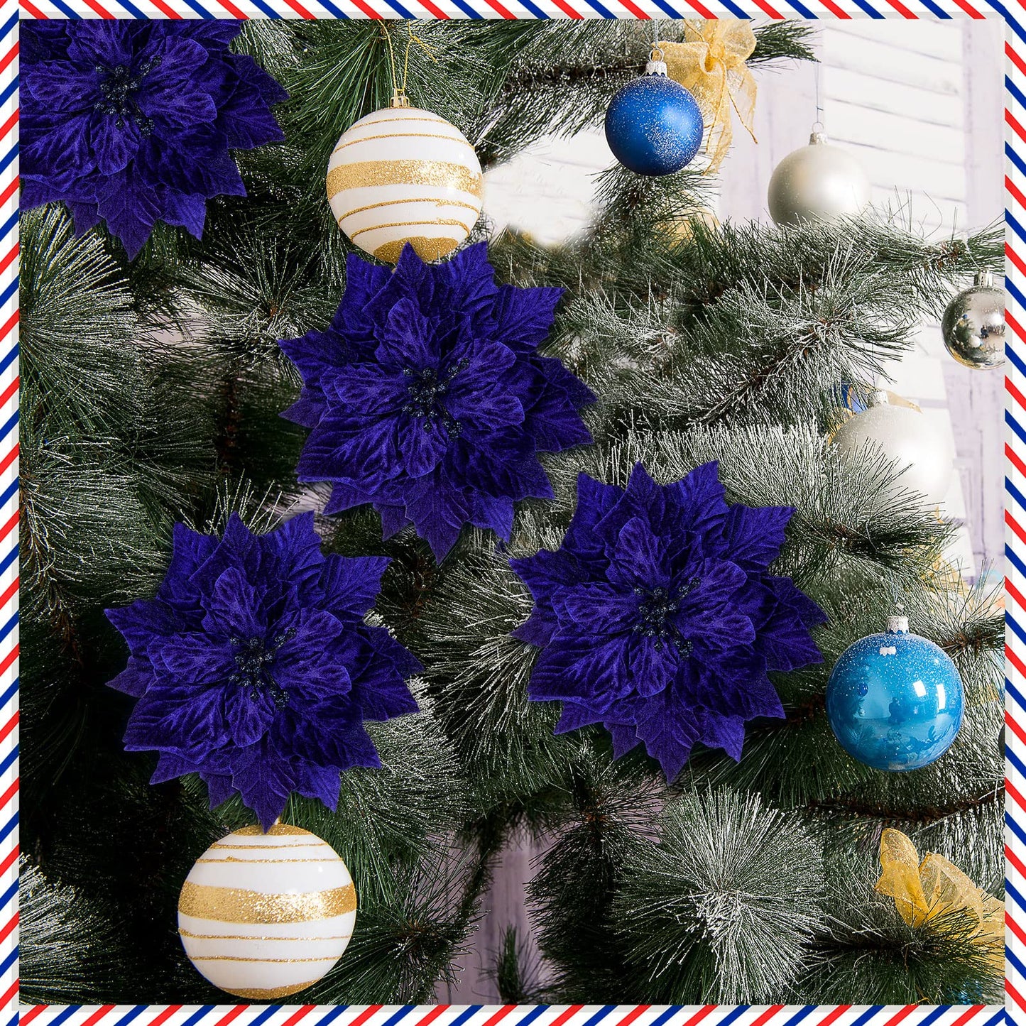 Cindeer 7 Pcs Christmas Poinsettia Artificial Flowers Christmas Poinsettia Ornaments Picks Blue Flowers Decoration for Xmas Tree DIY Wreaths Ornament Wedding Party, 9.8 Inch