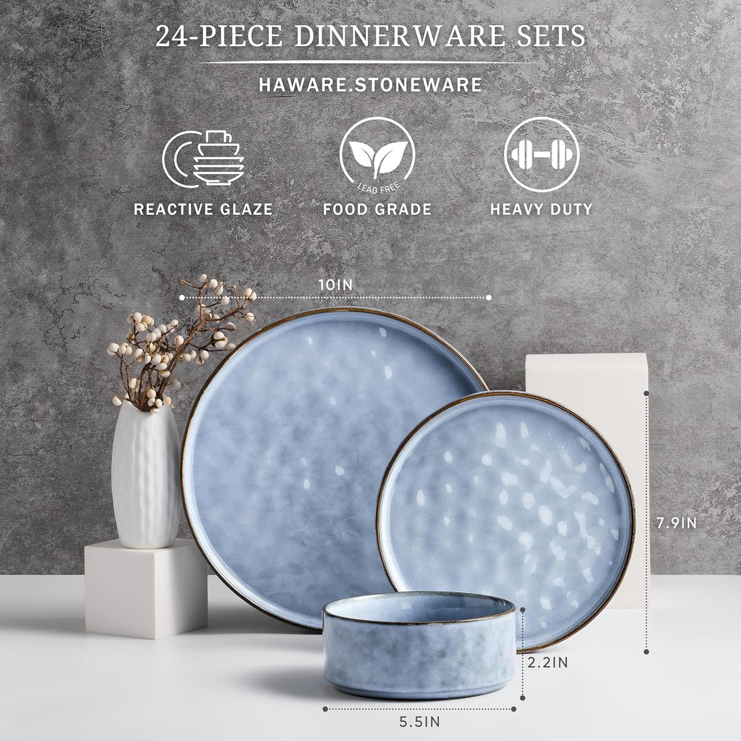 HaWare Dinnerware Sets, 24-Piece Plates and Bowls Set, Stoneware Dish Set for 8, Ceramic Dinnerware for Home Restaurant, Chip and Scratch Resistant, Microwave and Dishwasher Safe, Reactive Blue