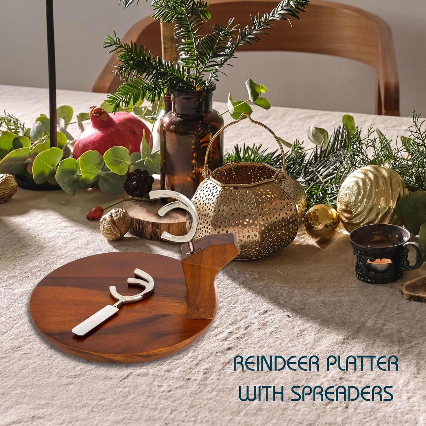 Nambé Holiday Reindeer Platter – Designer Acacia Wood Tray with Sculptural Silver Alloy Antler Spreaders, Elegant Christmas Serveware for Appetizers, Snacks, and Festive Charcuterie Displays