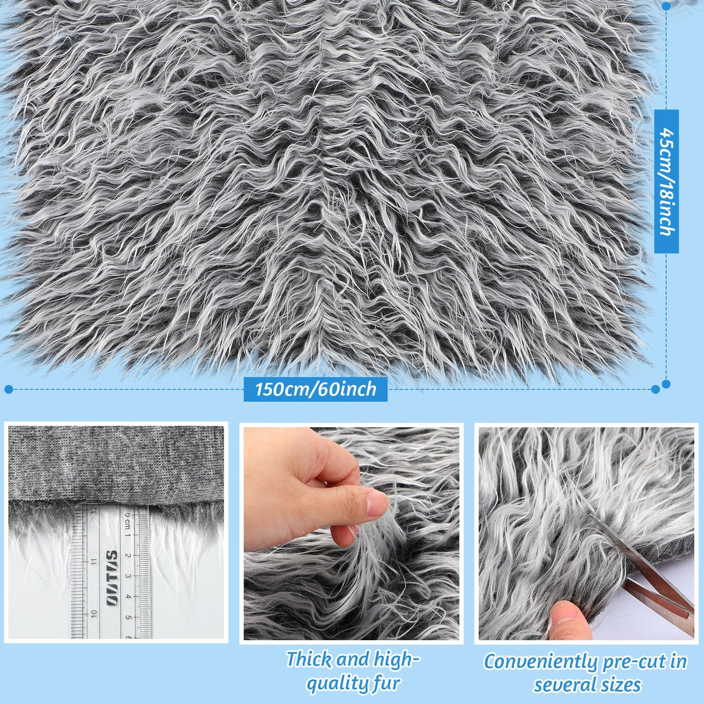 Tatuo 60 x 18 Inch White Gray Faux Fur Fabric Christmas Fluffy Fuzzy Craft Fake Fur Cuts Shaggy Synthetic Plush Patch Sewing DIY Winter Halloween Costume Gnome Beard Miniature Dolls Rugs Mats Gift