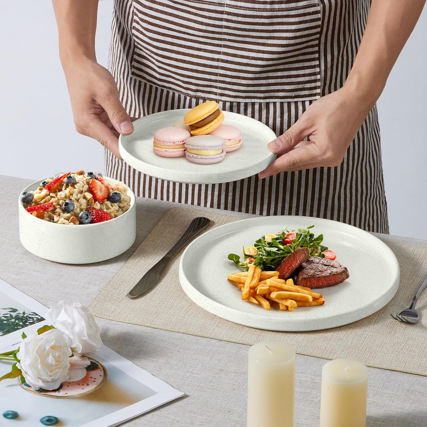 E-far Dinnerware Sets for 6, 18-Piece Stoneware Plates and Bowls Set, Modern Kitchen Dinning Dishware, Chip and Scratch Resistant, Microwave & Dishwasher Safe, Speckled White