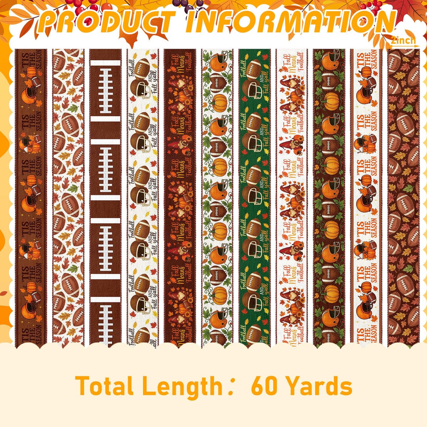 Vincreem 12 Rolls Fall Football Wired Edge Ribbon for Wreaths 2 Inch x 60 Yards Maple Leaves Pumpkin Football Print Ribbon Crafts for Thanksgiving Harvest Party Decorative Supplies, 12 Styles