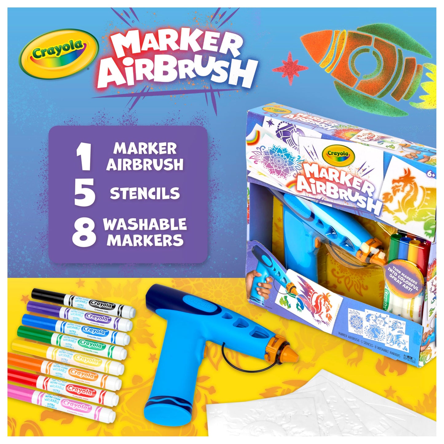 Crayola Marker Airbrush Spray Art Kit, Essential Easter Basket Stuffer for Kids, Battery-Powered Sprayer with 8 Washable Markers & 5 Stencils, DIY Craft Set, Ages 6+