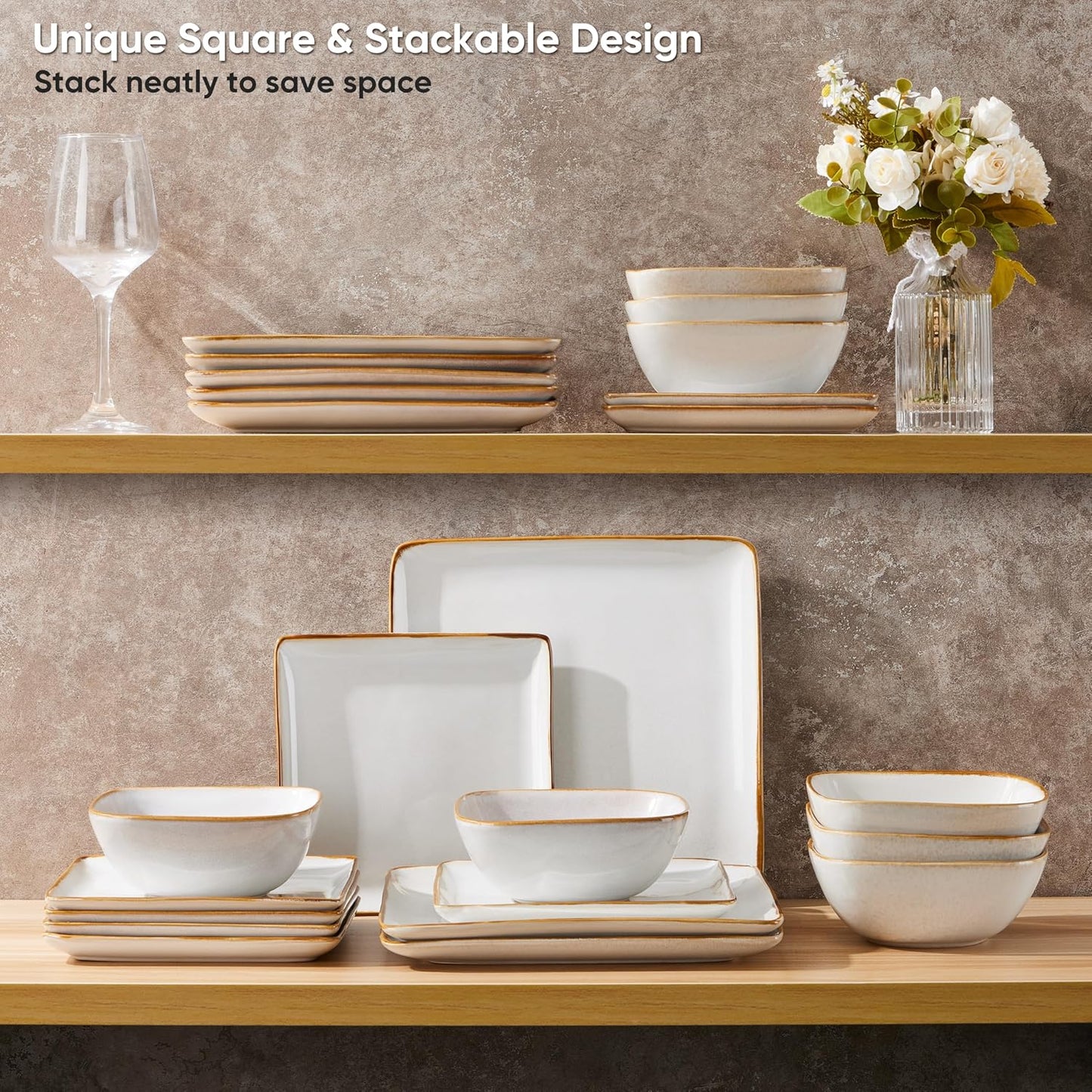 E-far Square plates and bowls Sets for 6, 18-Piece Reactive Glaze Stoneware Dinnerware Sets, Porcelain Dishware Sets for Kitchen Home, Microwave & Dishwasher Safe, Seashell White
