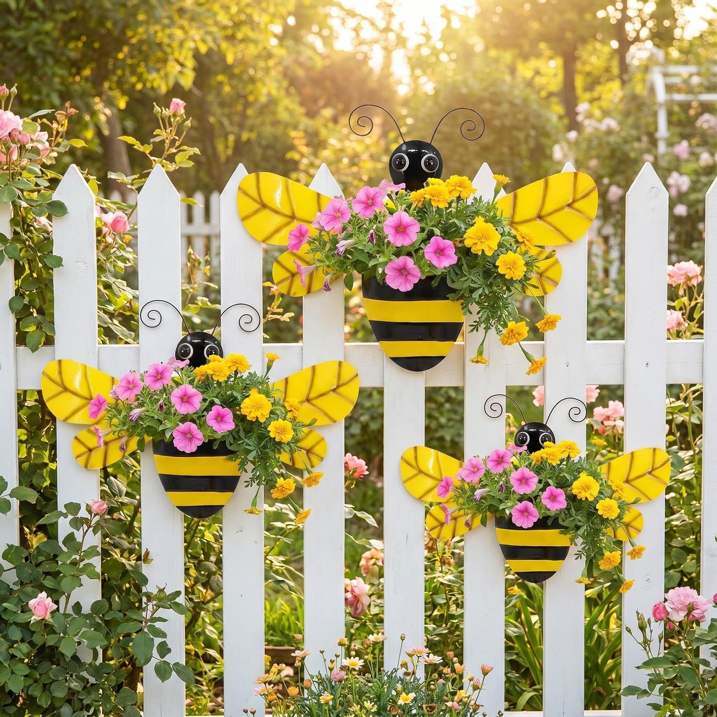 VinSees 3 Pcs 20 Inch Metal Bee Wall Pocket Planter, Rustic Decorative Wall Hanging Planter for Indoor & Outdoor, Flower Plant Pot for Garden Yard Patio Balcony & Fence, Black & Yellow, Set of 3