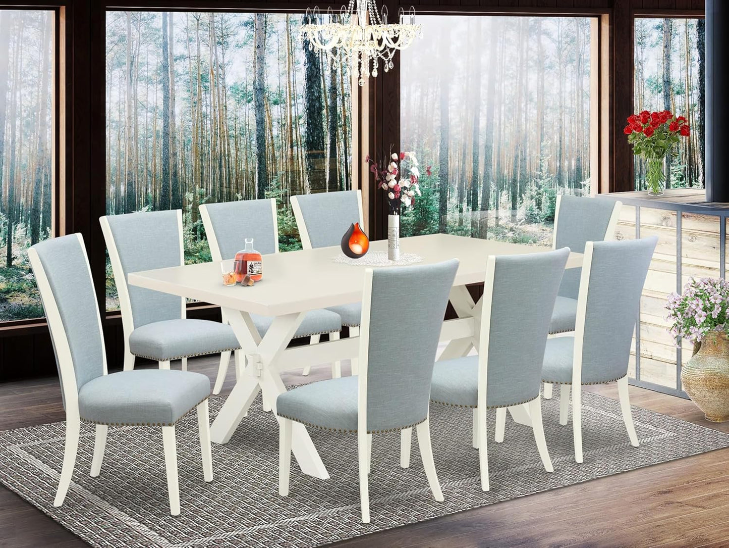 East West Furniture X027VE215-9 9 Piece Dining Room Table Set Includes a Rectangle Dining Table with X-Legs and 8 Baby Blue Linen Fabric Upholstered Parson Chairs, 40x72 Inch, Multi-Color