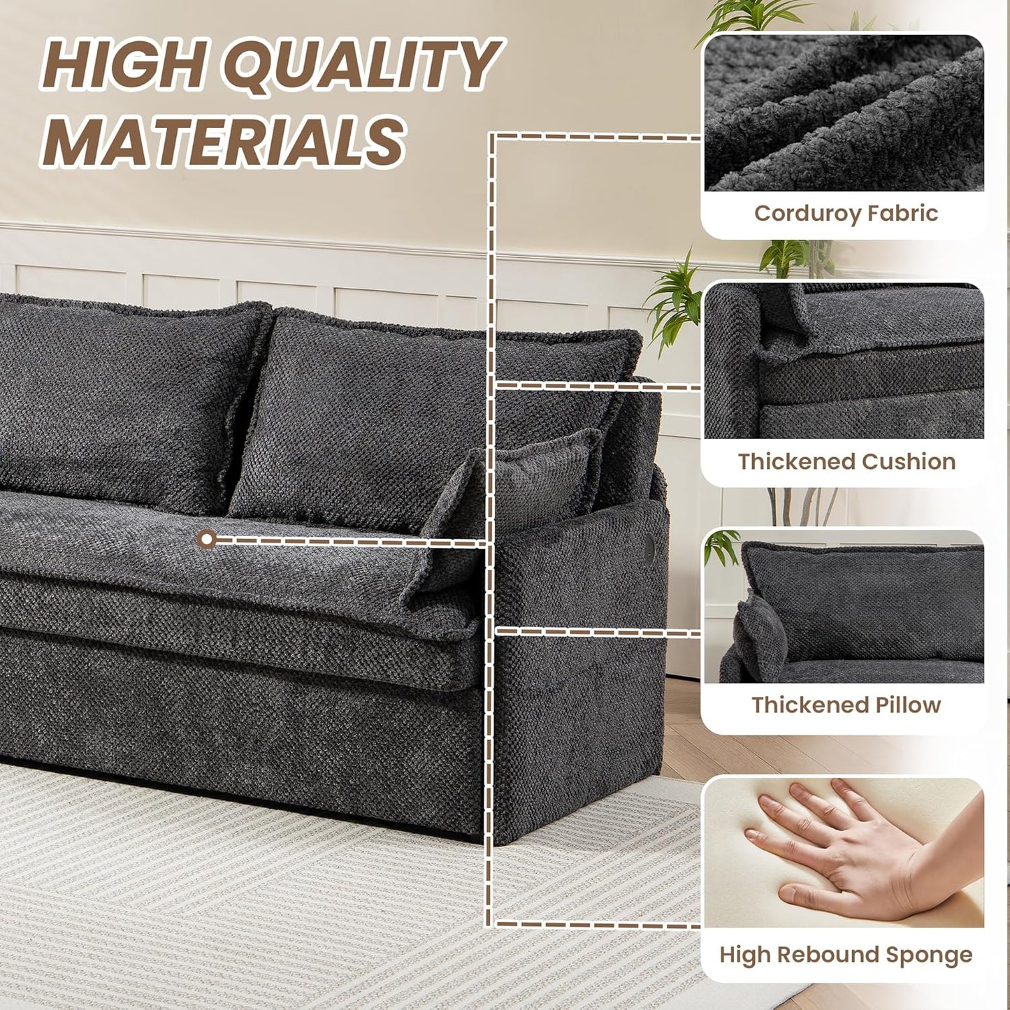 Furnimart 59.5" Queen Size Pull Out Sofa Bed, 3 in 1 Convertible Sleeper Bed with USB/C-Type Charging Ports & Side Pockets, Modern Futon Couch for Living Room, Apartment, RV, Corduroy Dark Grey