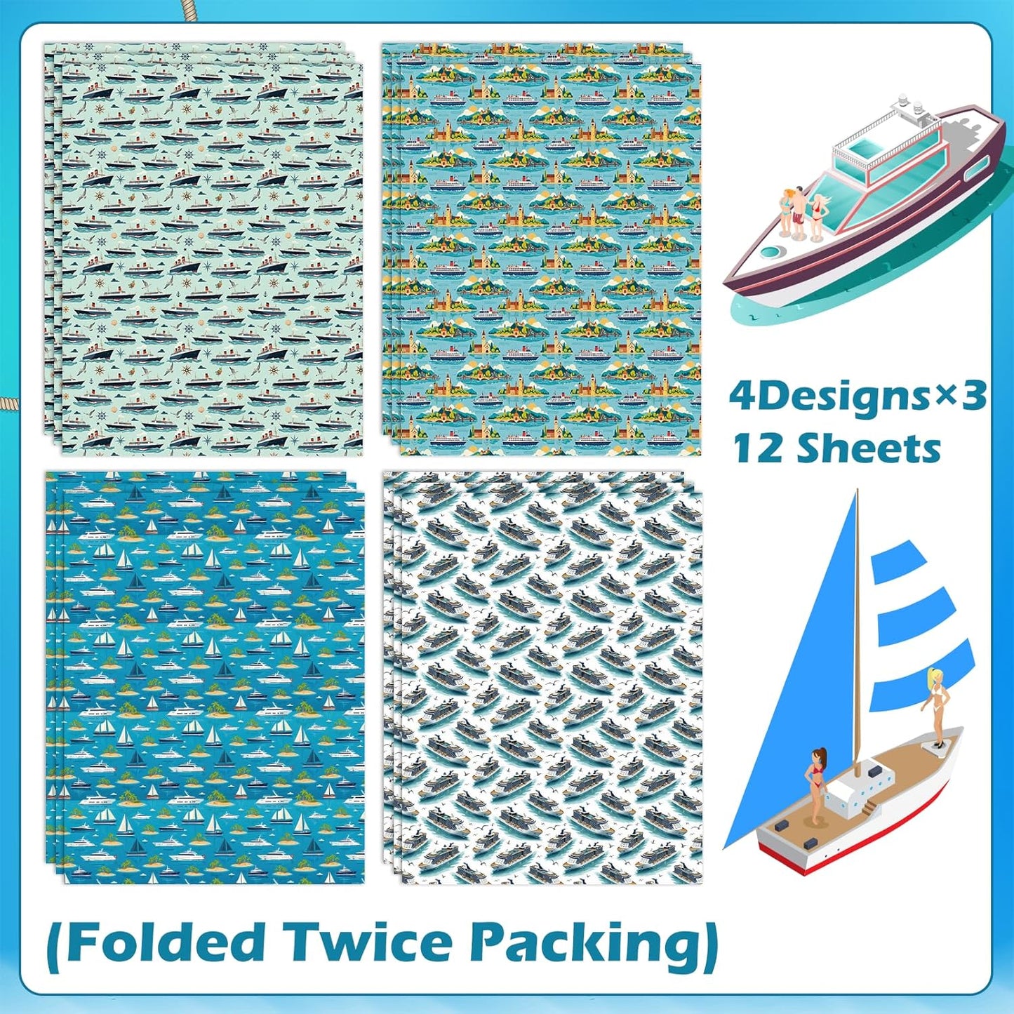 Pineraap Cruise Ship Wrapping Paper 12 Sheets Nautical & Voyage Themed Gift Wrap for Cruise Lovers,Travel Enthusiasts,20"x28"