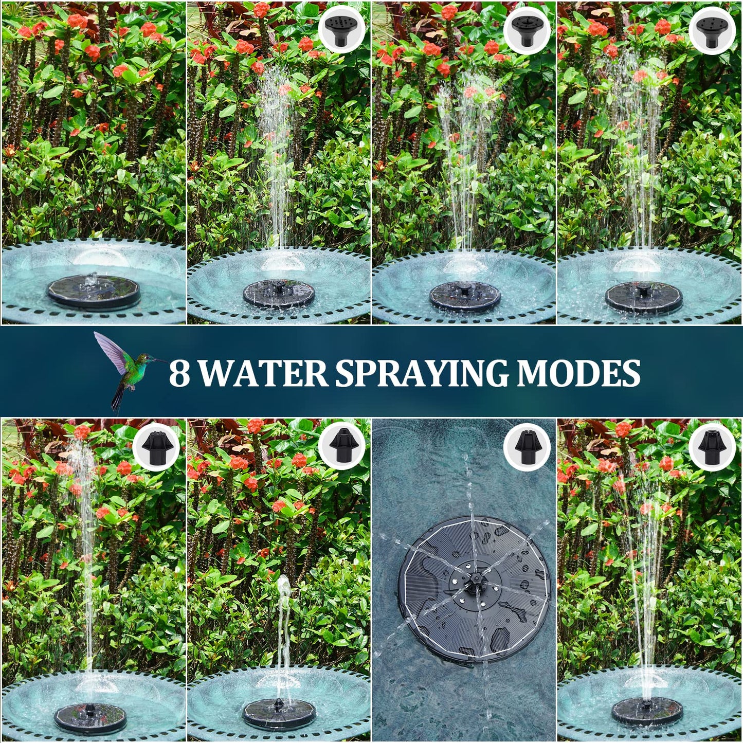 GAIZERL Solar Fountain New, 3.5W Solar Bird Bath Fountains with Glass Panel, 2200 Battery, Hummingbird Water Features with Color LED Lights, 8 Spray Modes & 4 Fixed Pipes for Garden, Pool, Pond