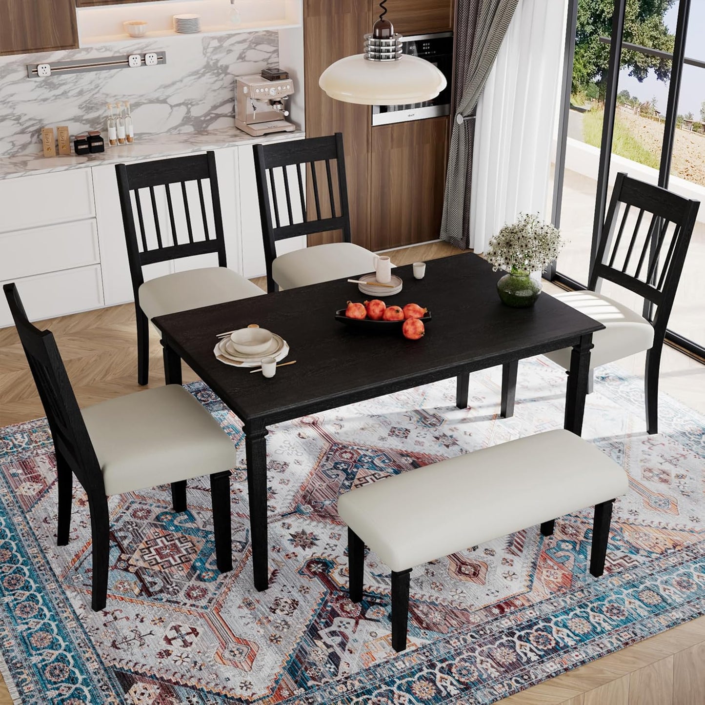 Merax 6-Piece Retro Dining Table Set, 6 Seats Wooden Rectangular Table, with 4 Chairs & 1 Bench for Kitchen Room, Classic Furniture, Dovetall Grey