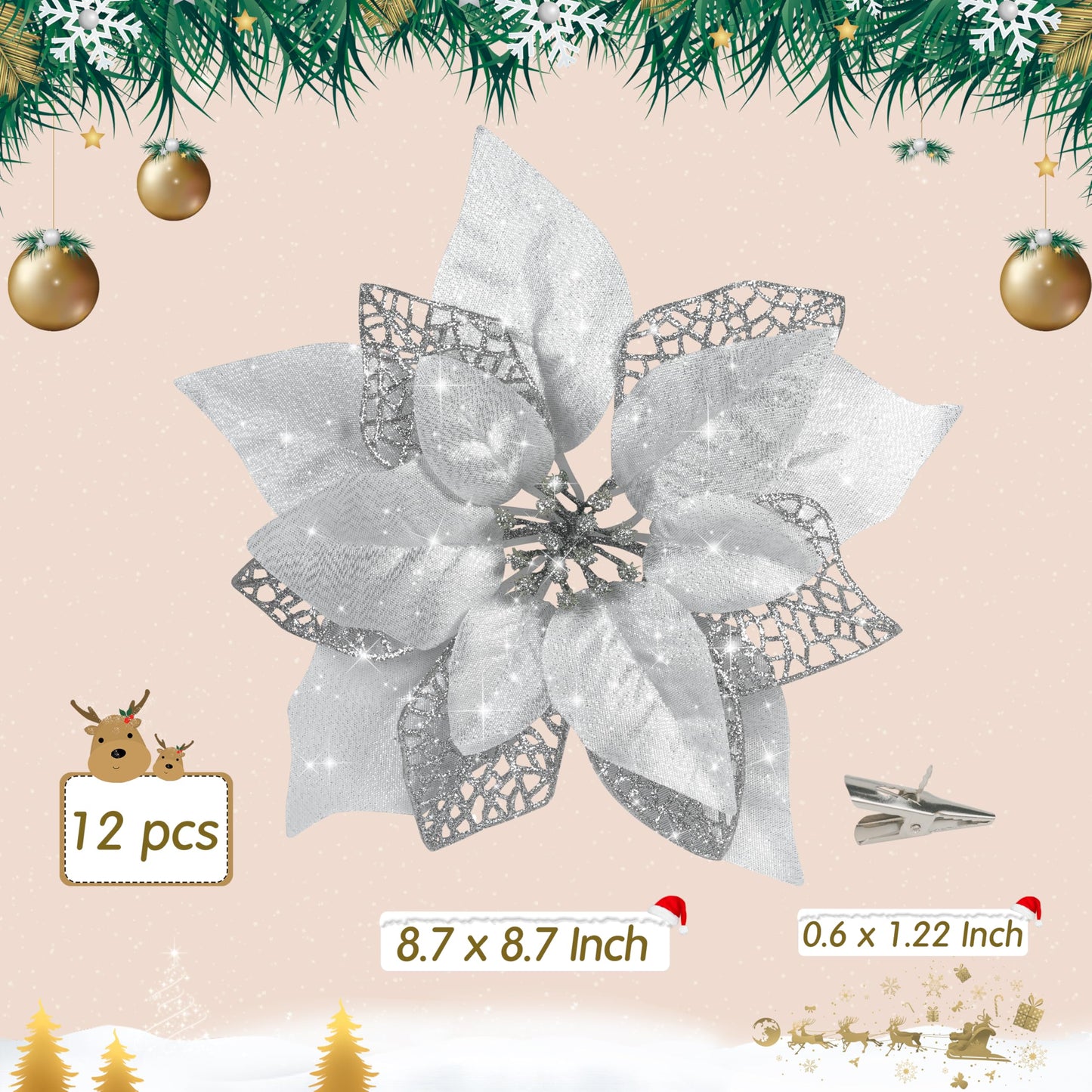 12 PCS Poinsettia Flower Artificial Poinsettia Christmas Decoration 8.7'' Silver Glitter Poinsettias Christmas Ornaments Christmas Tree Flower Decor with Clips DIY Xmas Wreath Holiday Home Party Decor