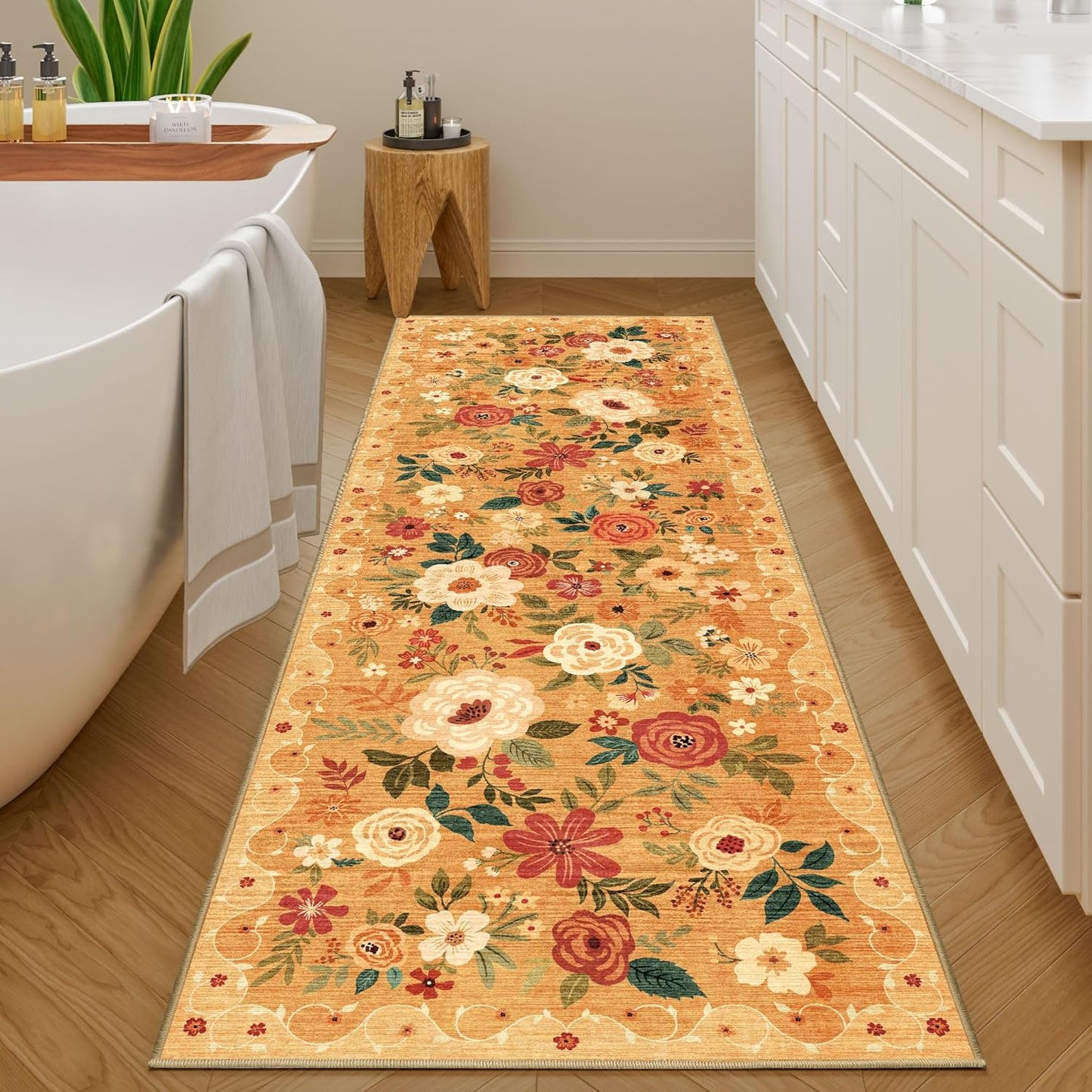 DUKINO Runner Rug, 2.6x8 Kitchen Rug for Hallway with Non Slip Backing, Washable Low Pile Soft Boho Floral Runner Carpet for Hallway, Kitchen, Entryway, Laundry, Bedroom, Orange