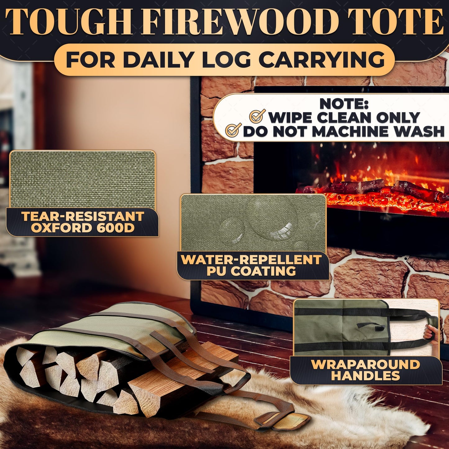 Water-Resistant Firewood Carrier Bag – 39.4"x18.5" Waxed Canvas Log Carrier for Firewood, Open-Ended Design, Large Capacity Wood Tote with Padded Handles, Buckle Strap & Folds Flat for Easy Storage