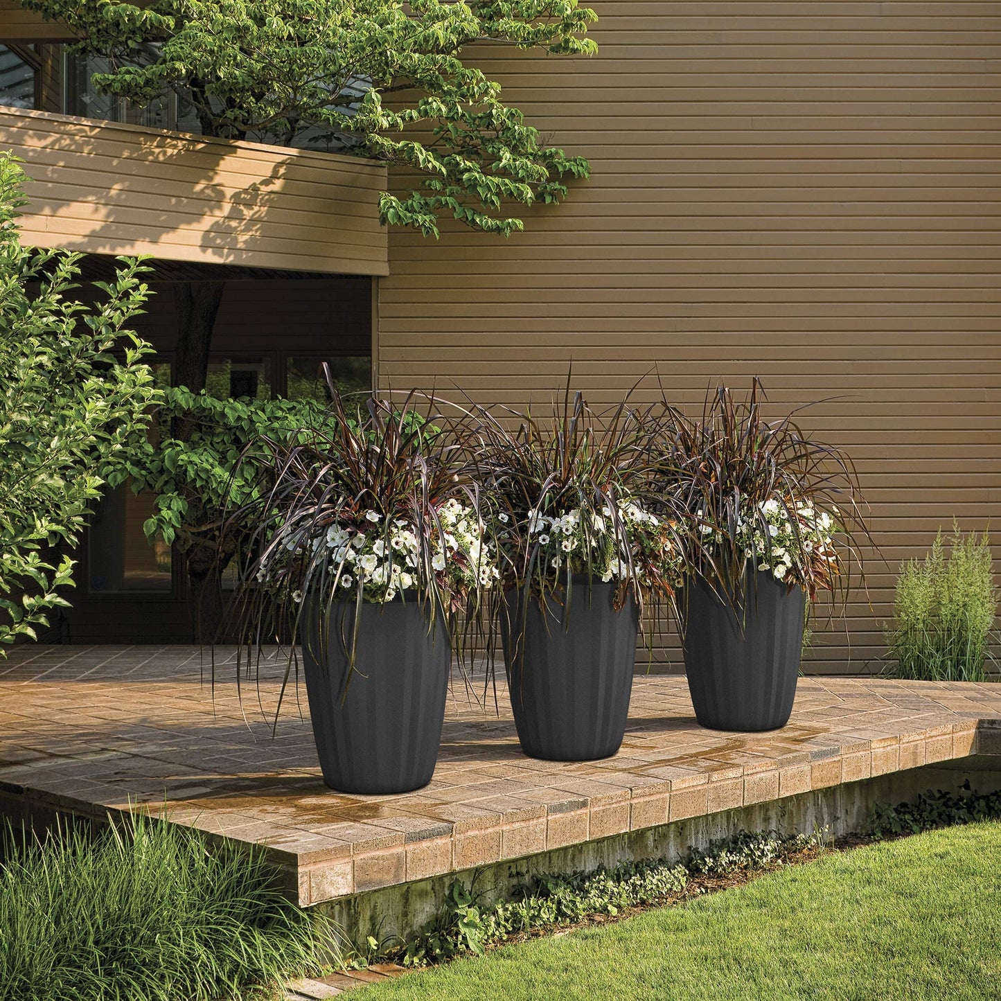 Crescent Garden Pleat Modern Decorative Planter, Indoor/Outdoor Pot, Resin Planter with Drain Hole - 15" W x 15" H (Olive)