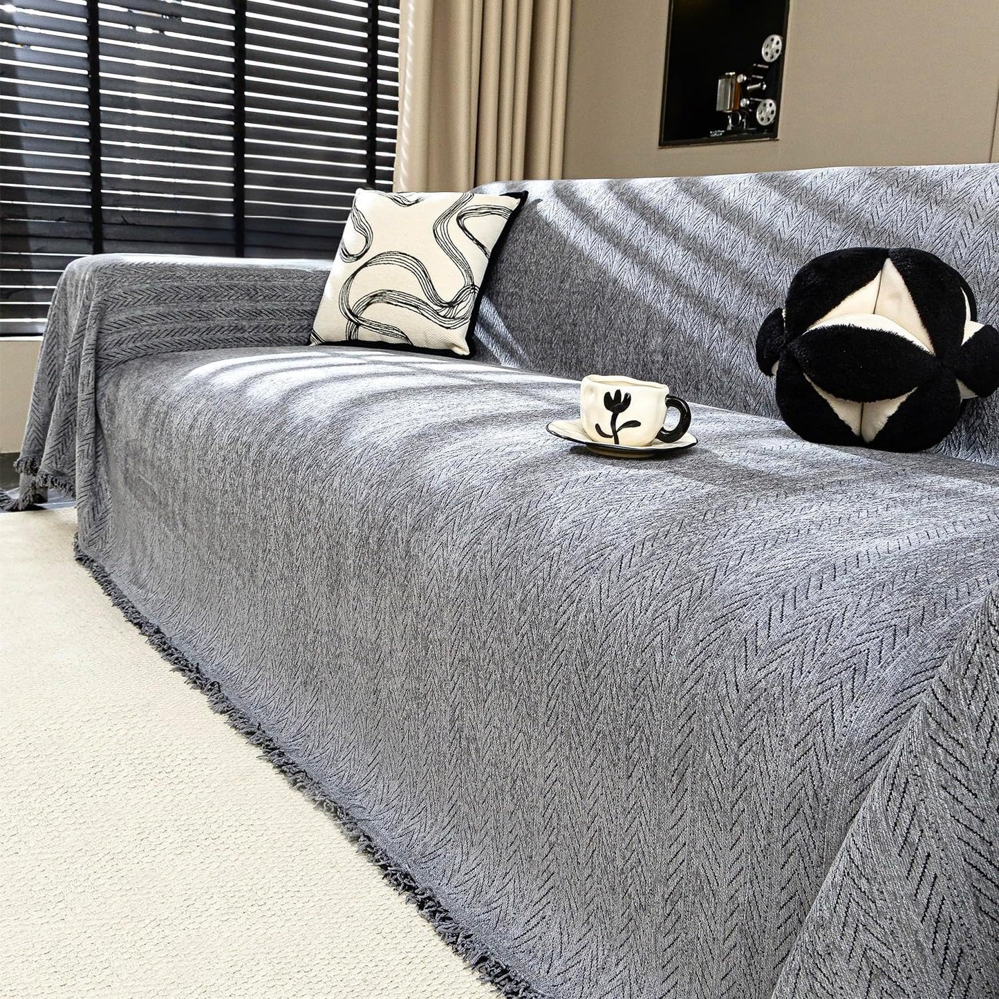 Nobildonna Sofa Cover Washable Soft Thicken Chenille Couch Cover with Tassel,Waterproof Sofa Slipcover for 3-4 Cushion Couch,Sectional Sofa,L-Shaped Furniture Protector Pet-Friendly,Dark Gray 71x150