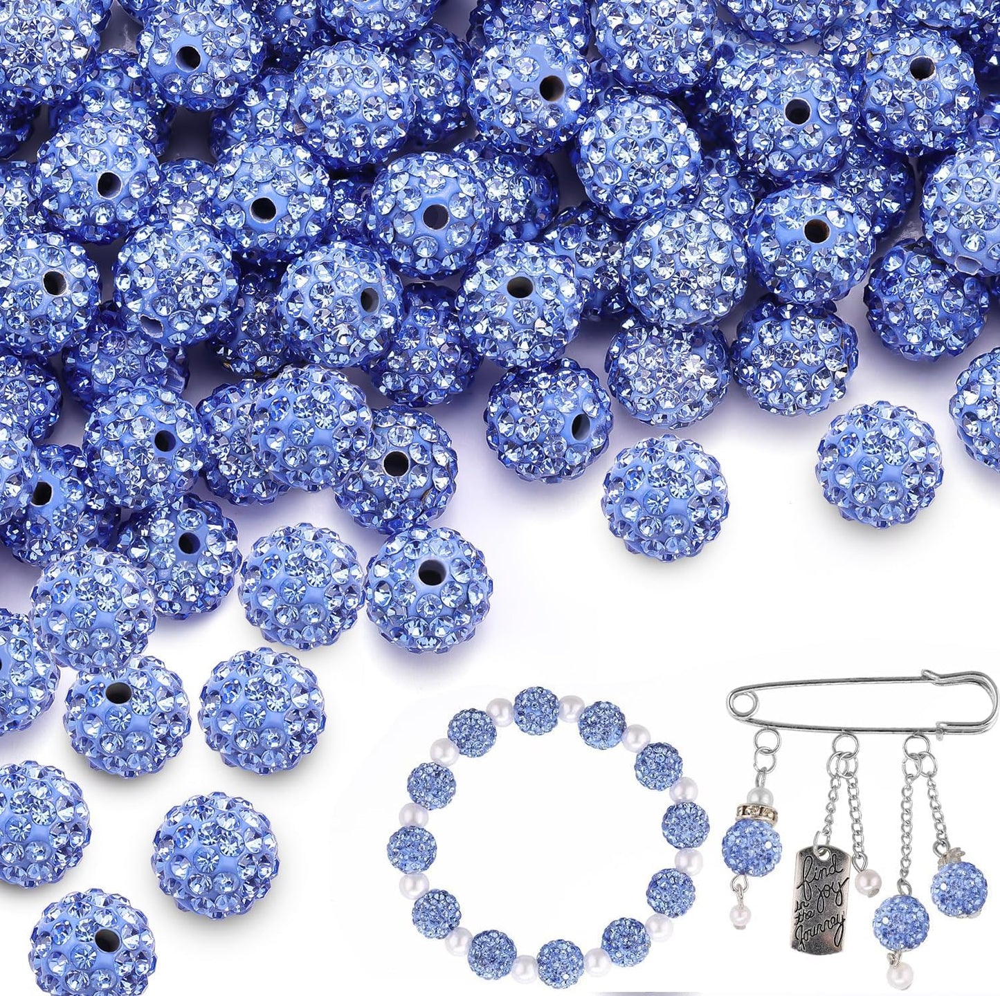 200pcs 10mm Light Sky Blue Rhinestone Beads for Jewelry Making, Shiny Round Shamballa Disco Ball Beads, Sparkle Crystal Clay Christmas for Bracelet Baseball Necklace Earring Crafting and DIY