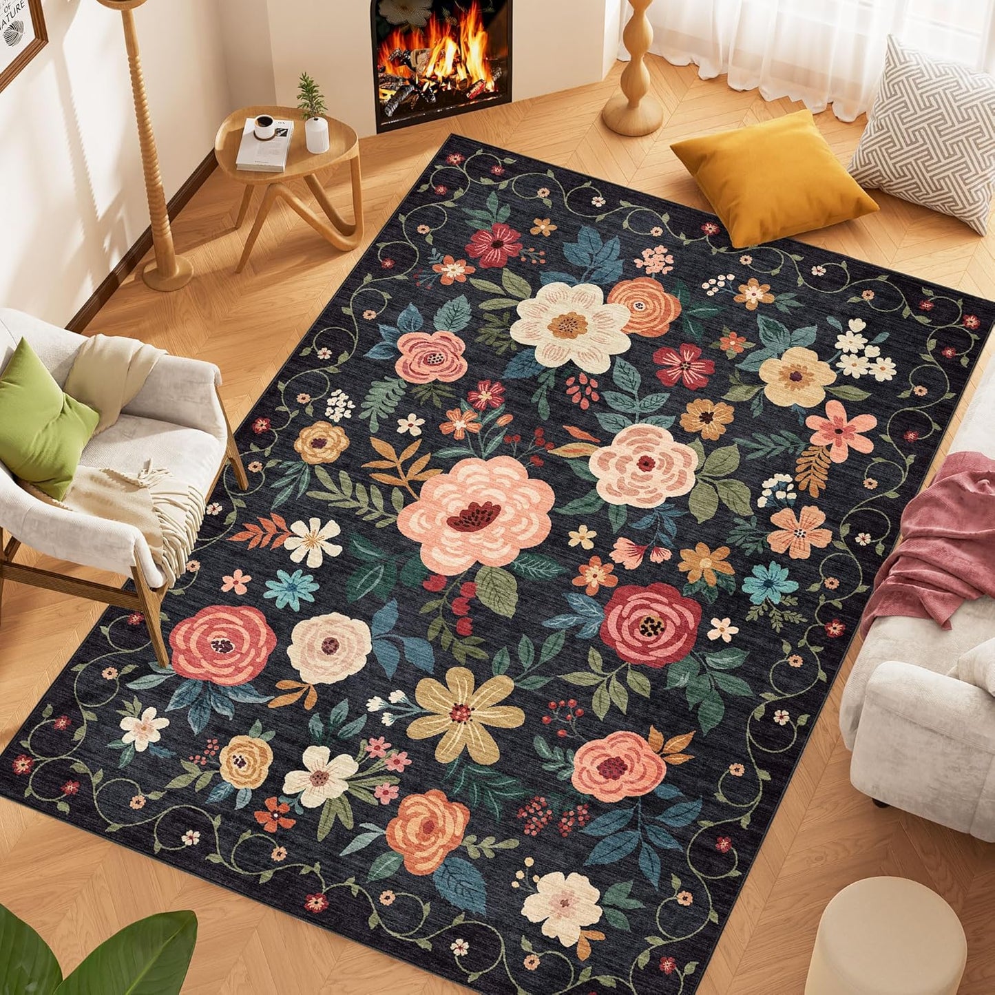 DUKINO 6x9 Area Rug, Floral Rugs for Living Room, Lightweight Non Slip Washable Indoor Low Pile & Non-Shedding Boho Design Carpet for Bedroom, Living Room, Dining Room, Black