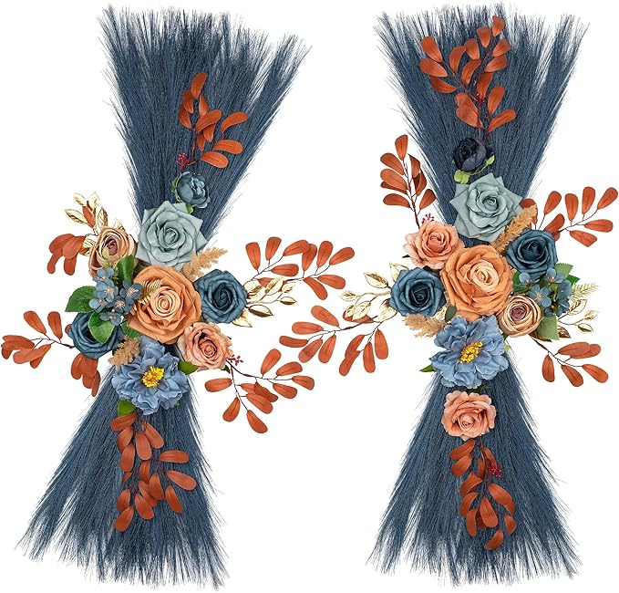 Wedding Arch Flowers, Artificial Floral Decor for Wedding Ceremony & Reception, Standard Size Large Flower Swag Set for Backdrop & Welcome Sign, Pack of 2 (Blue Coffee Pampas)