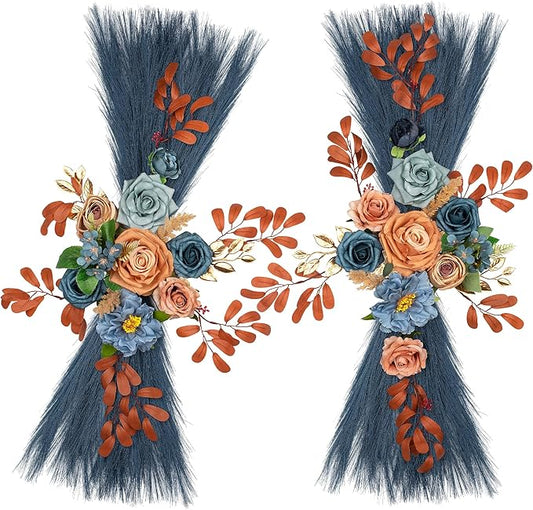 Wedding Arch Flowers, Artificial Floral Decor for Wedding Ceremony & Reception, Standard Size Large Flower Swag Set for Backdrop & Welcome Sign, Pack of 2 (Blue Coffee Pampas)