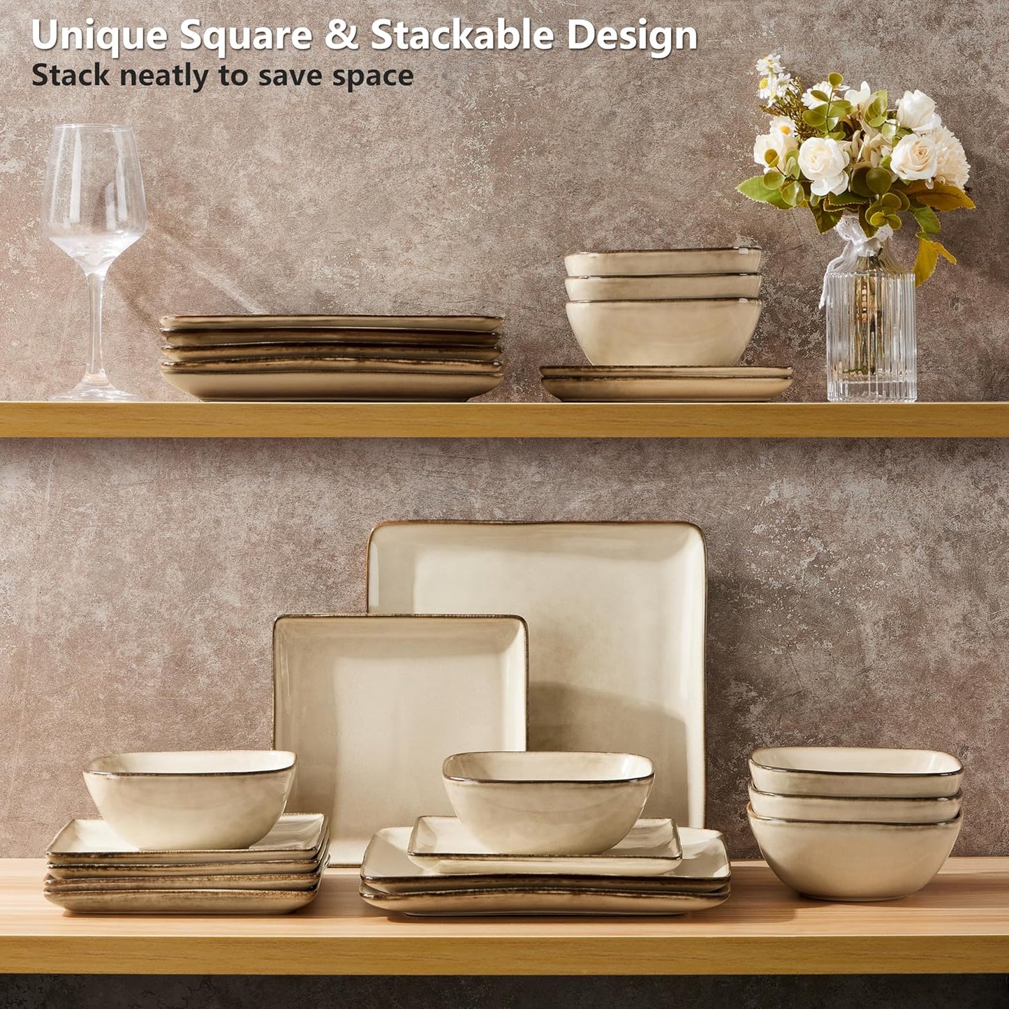 E-far Square Plates and Bowls Sets, 12-Piece Stoneware Dinnerware Sets for 4, Reactive Glaze Dish Set, Chip and Scratch Resistant, Microwave and Dishwasher Safe, Sandy Beige
