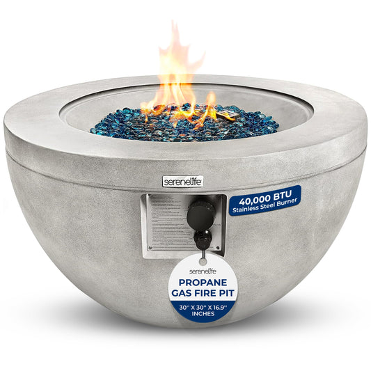 SereneLife 40,000 BTU Propane Fire Pit Table, Round Gas Fire Table with Adjustable Flame Height, Weather Resistant, Blue Glass Rocks, Safe and ETL Certified for Outdoor Use, 30" x 30" x 16.9" Inch