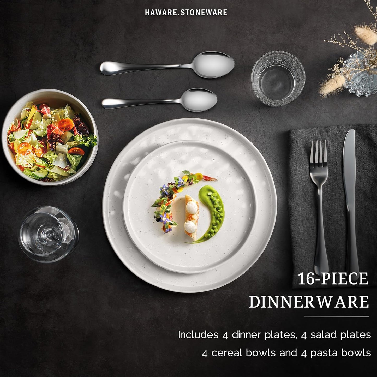 HaWare Dinnerware Sets, 16-Piece Plates and Bowls Set, Stoneware Dish Set for 4, Ceramic Dishware Set for Pasta Cereal, Chip and Scratch Resistant, Microwave and Dishwasher Safe, Speckled White