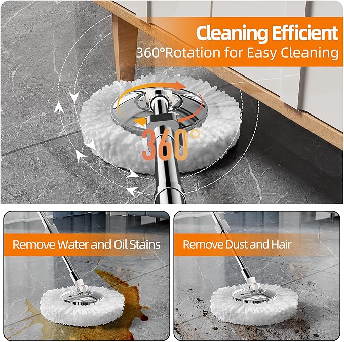 Stainless Steel Spin Mop and Bucket with Wringer Set for Home,360° Mop and Bucket with Separate Clean and Dirty Water,Wet Dust Mop for Floor Cleaning with Extra Refills (Black)