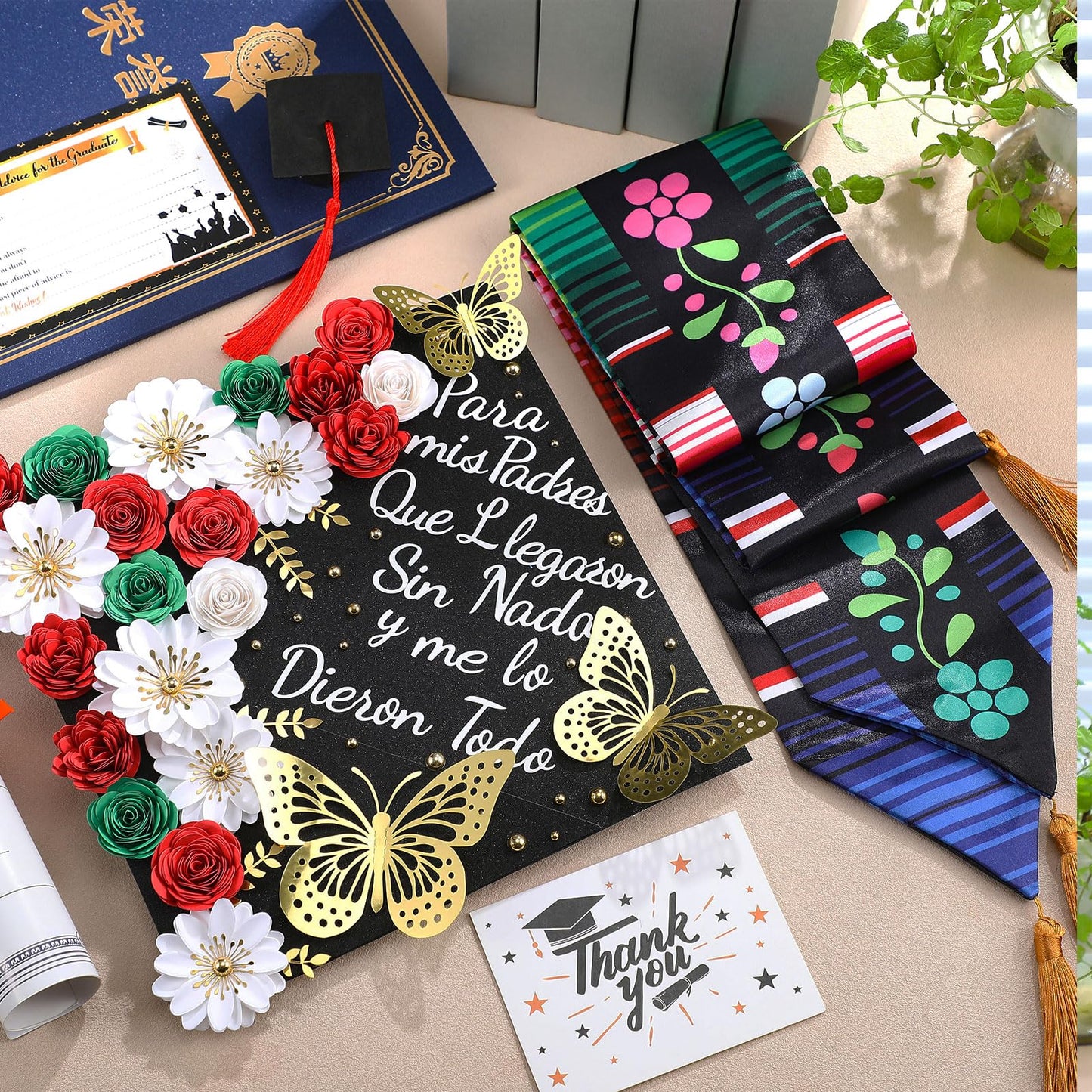 Humyoun 44 Pcs DIY Graduation Cap Decorations Kit, Mexican Graduation Stole Sash Flower Heads 3D Butterfly Stickers Glitter Rhinestones Pearl Stickers Alphabet Letter Number for Grad Cap Topper Gift