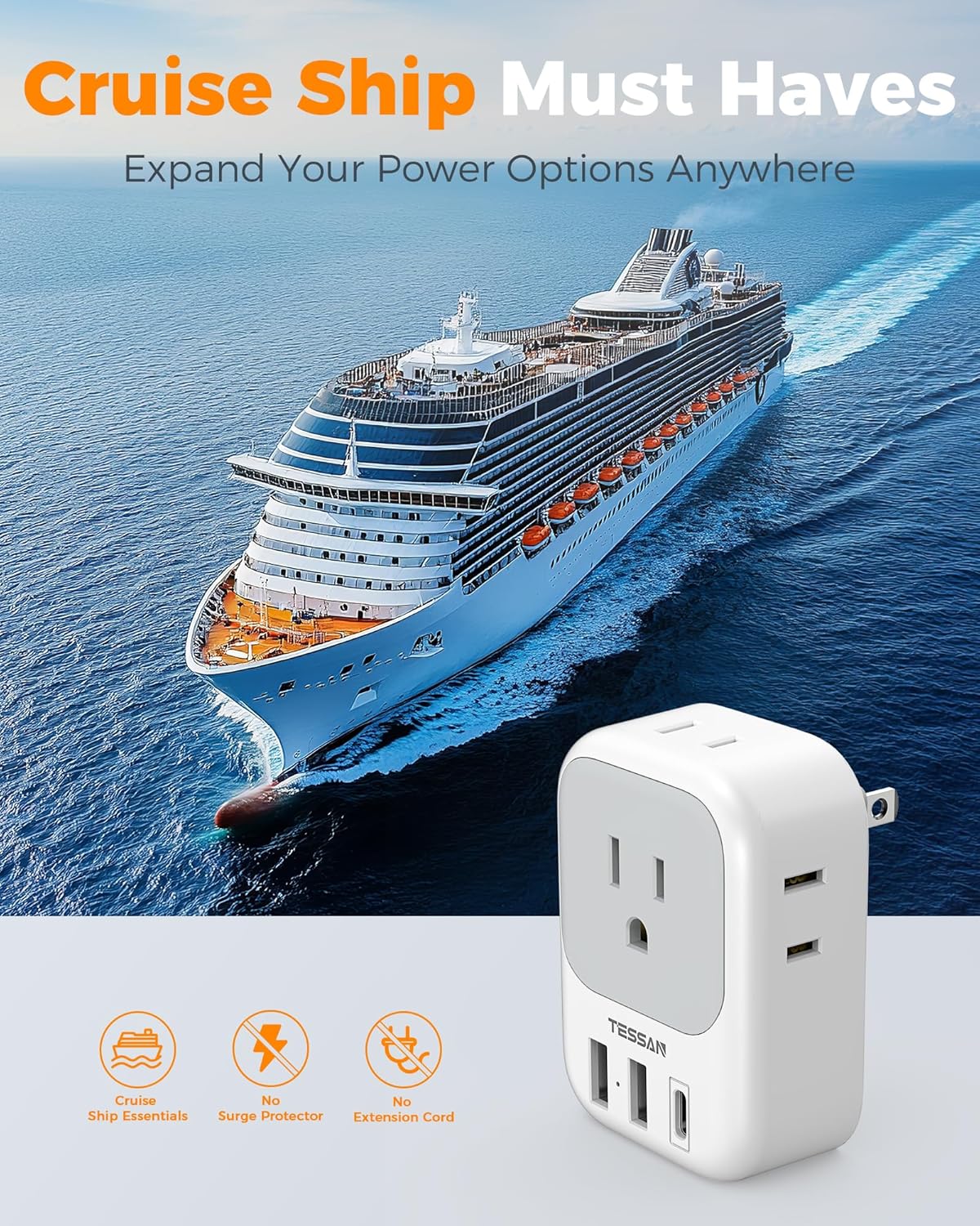US to Japan Plug Adapter 2 Pack, TESSAN 2 Prong to 3 Prong Outlet Adapter with 4 Outlets 3 USB (1 USB-C), Outlet Adaptor US to Japan China Mexico Philippines Canada Peru Thailand Vietnam