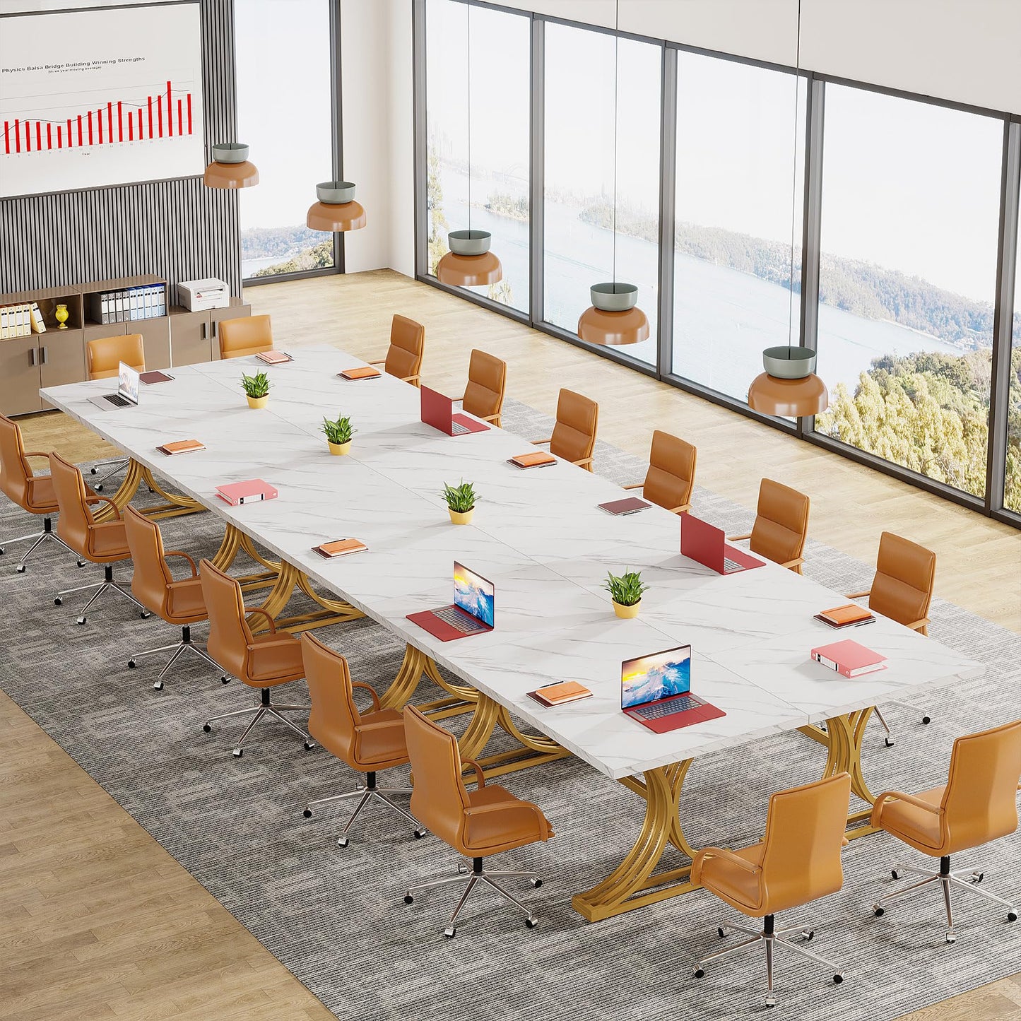 Tribesigns 10.5FT Conference Table, Modern Meeting Table for 8-10 People, Rectangle Seminar Boardroom Table for Office Conference Room with Stylish Legs (2, White + Gold)