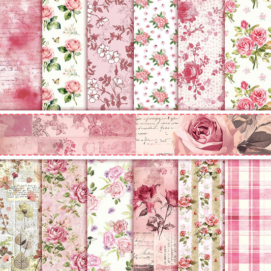 Konsait 24 Sheets Pink Flower Scrapbook Paper 12x12, Double Sided Rose Patterned Paper Floral Decorative Cardstock Pad Origami Papers for Card Making Romantic Scrapbook Supplies