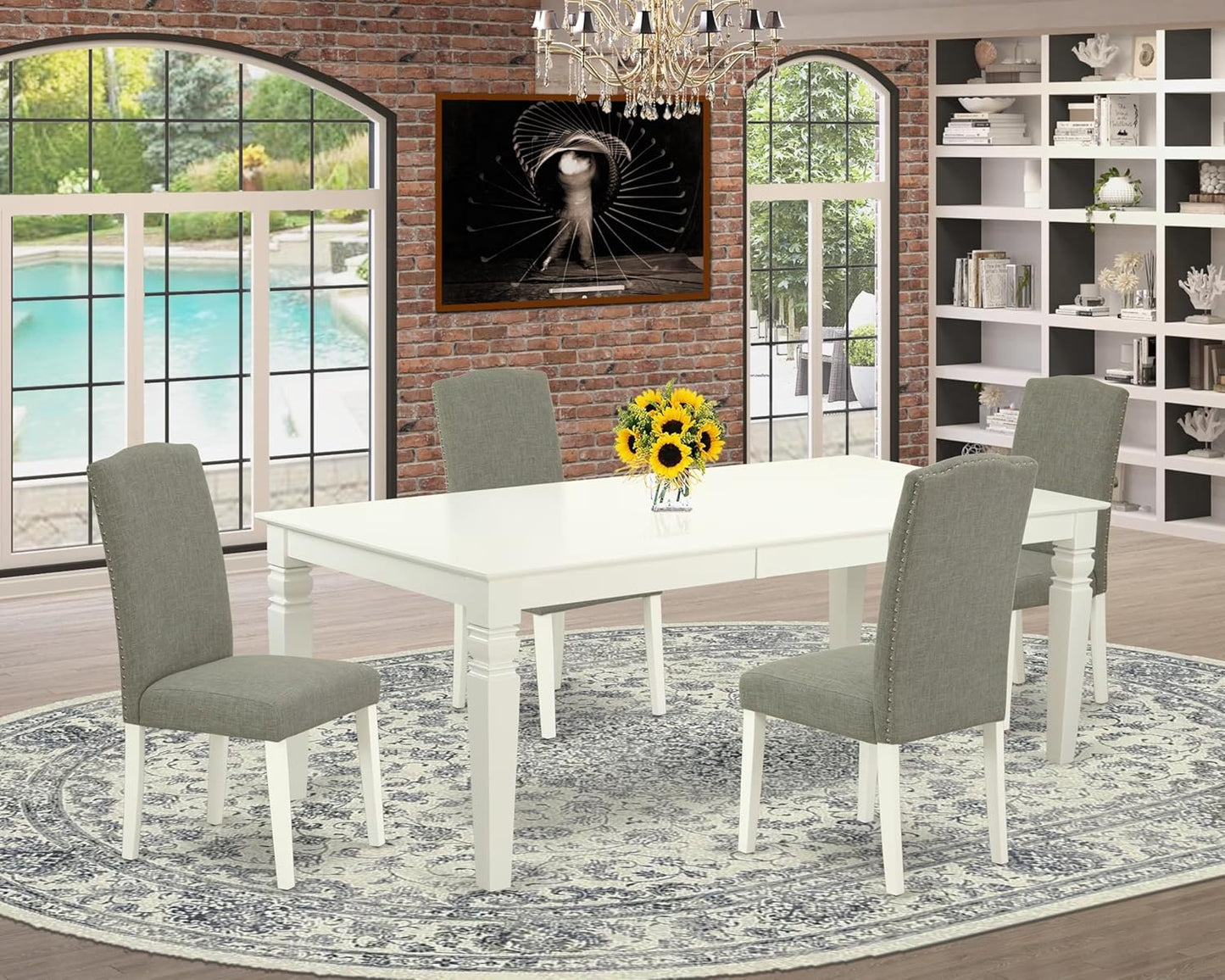 East West Furniture LGEN5-LWH-06 5 Piece Dining Set Includes a Rectangle Dining Room Table with Butterfly Leaf and 4 Dark Shitake Linen Fabric Upholstered Chairs, 42x84 Inch, Linen White